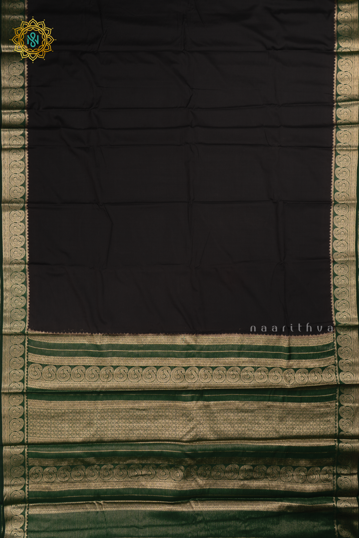 Black With Bottle Green Semi Mysore Crepe Saree With Plain Body And Contrast Mango Zari Border