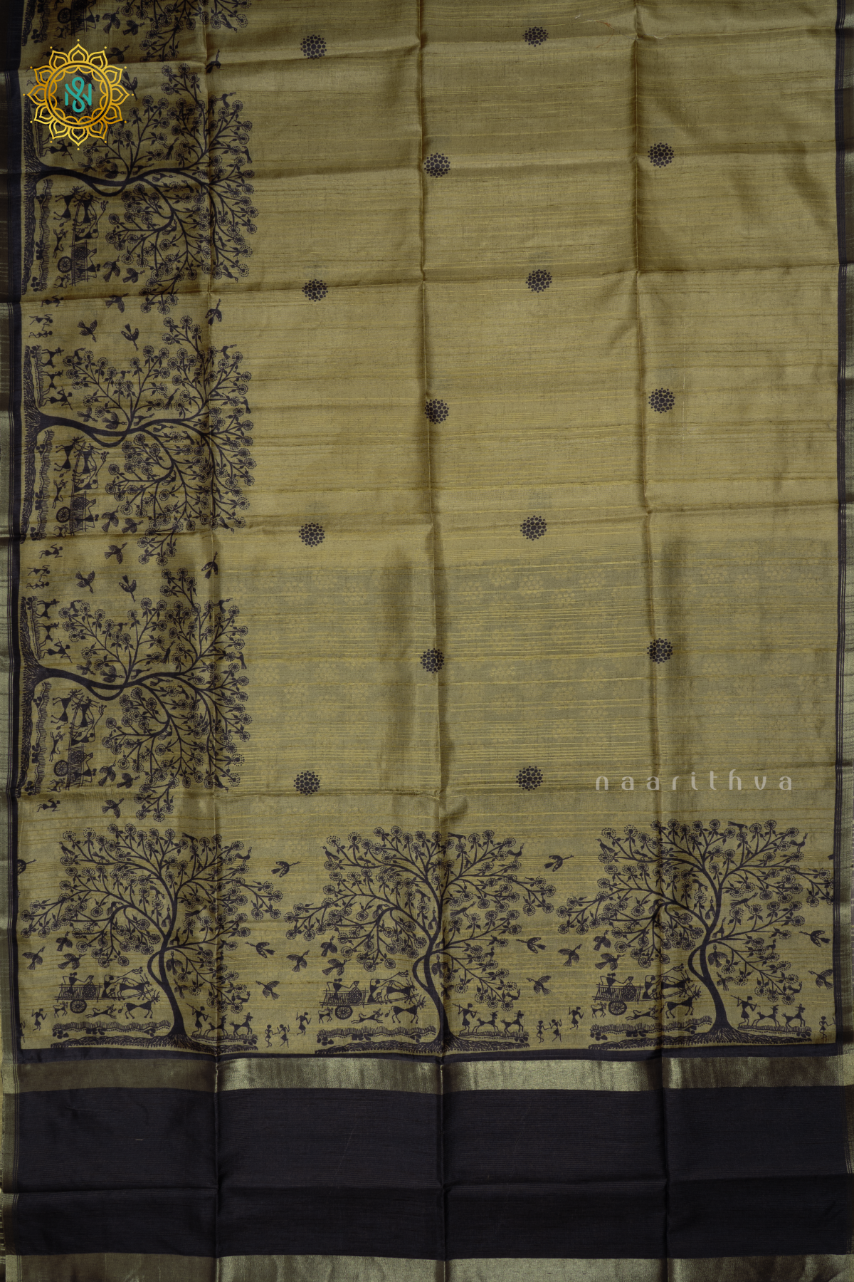 OLIVE GREEN - SEMI TUSSAR SILK SAREE PRINTED BODY, CONTRAST BORDER