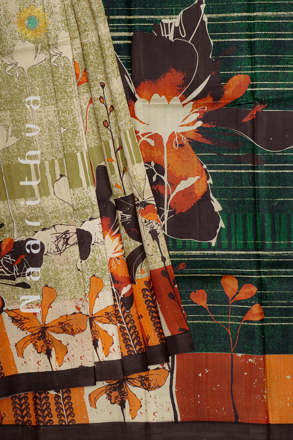 GREEN WITH BROWN - PURE MULBERRY SILK WITH DIGITAL PRINT