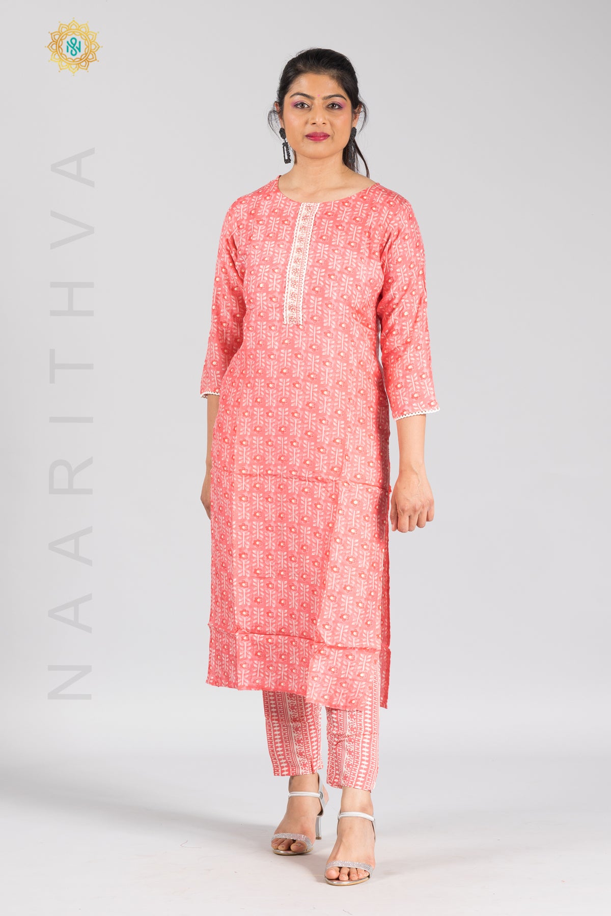White chanderi readymade suit, patola-style printed 3/4th sleeve top,  patola-style print dupatta & straight-cut pants