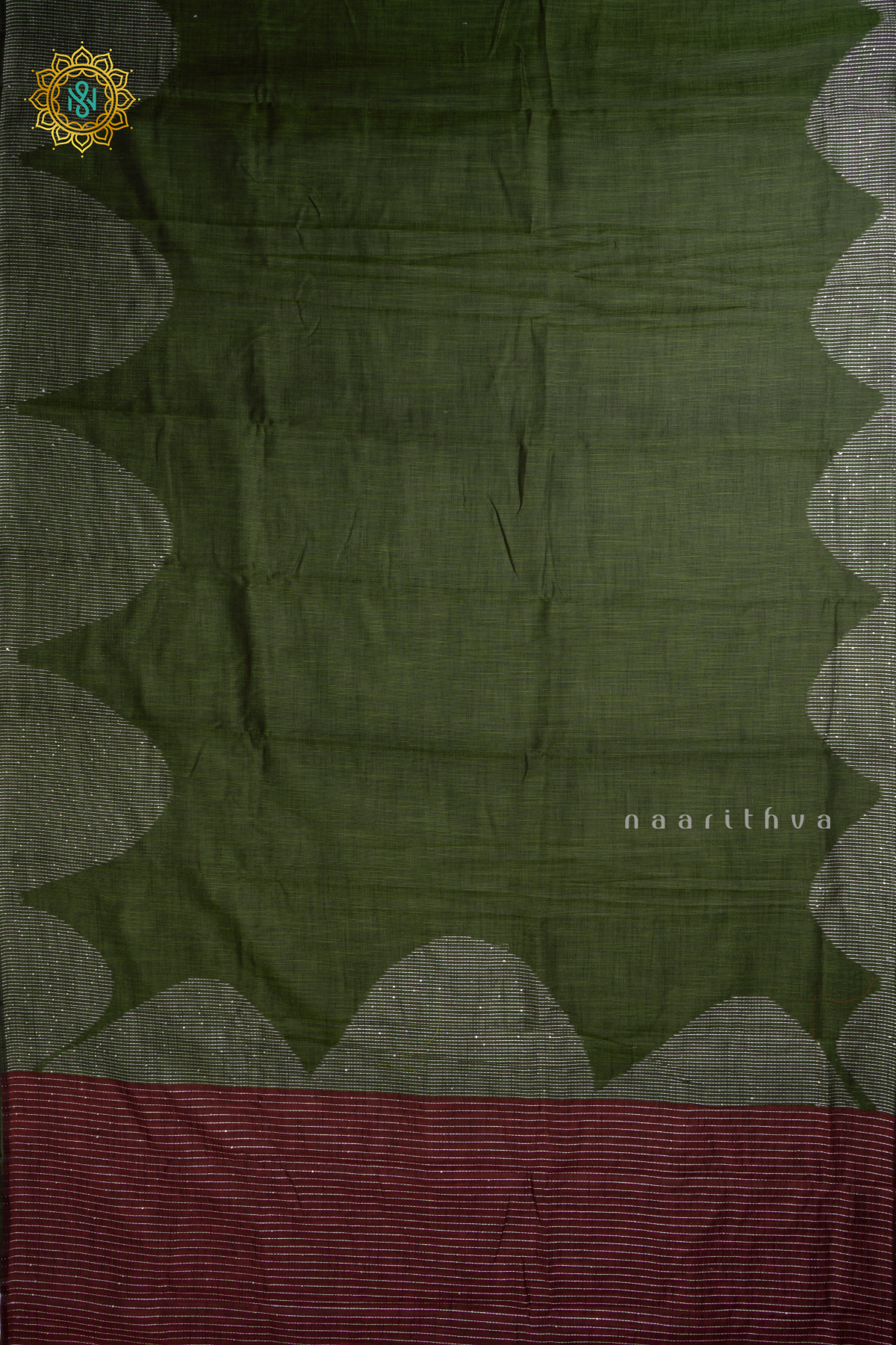 Green With Maroon Linen By Cotton Saree With Contrast Pallu & Blouse