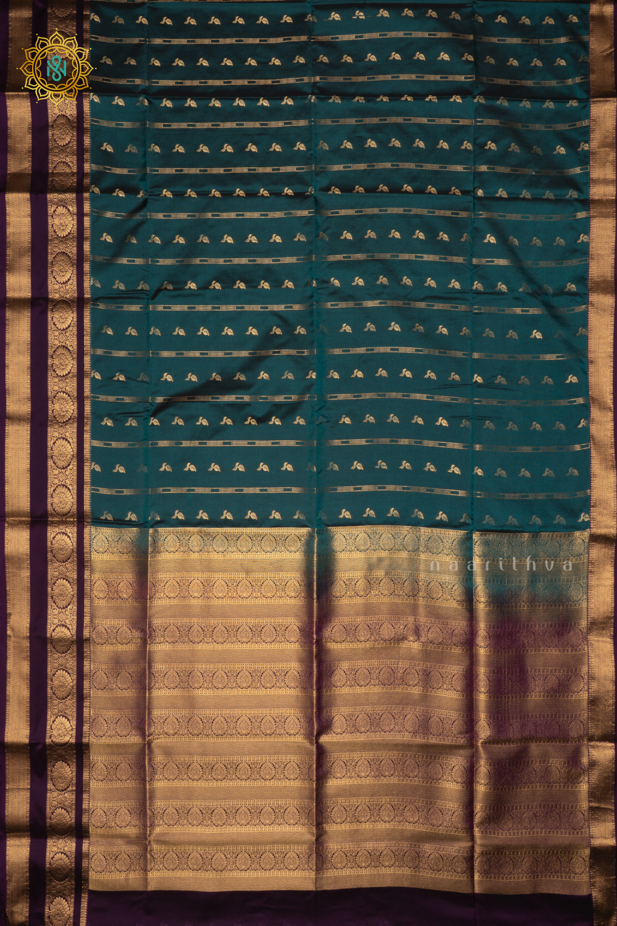 CYAN BLUE WITH DEEP PURPLE - SEMI SOFT SILK SAREE ALLOVER ZARI BUTTAS AND CONTRAST GAP BORDER