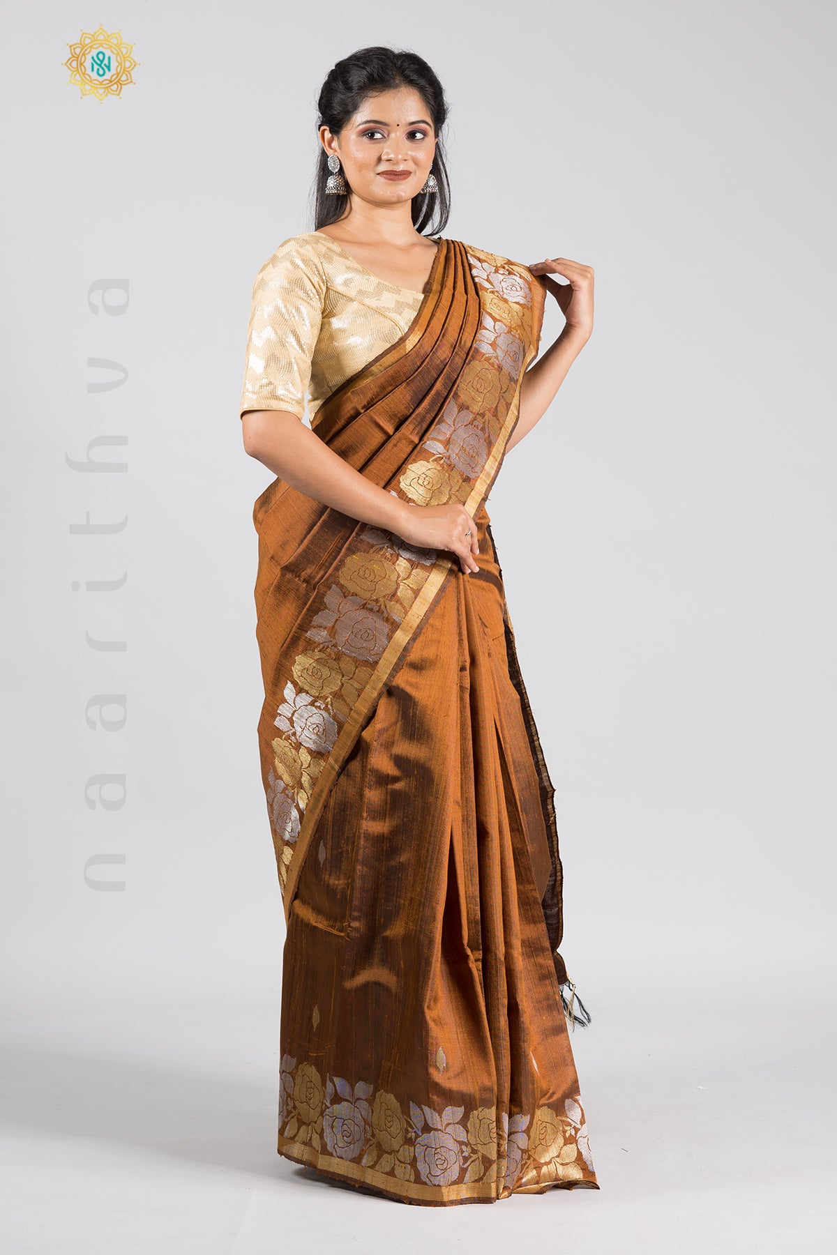 BRONZE - PURE TUSSAR SILK WITH SILVER & GOLD ZARI WOVEN BORDER & PALLU