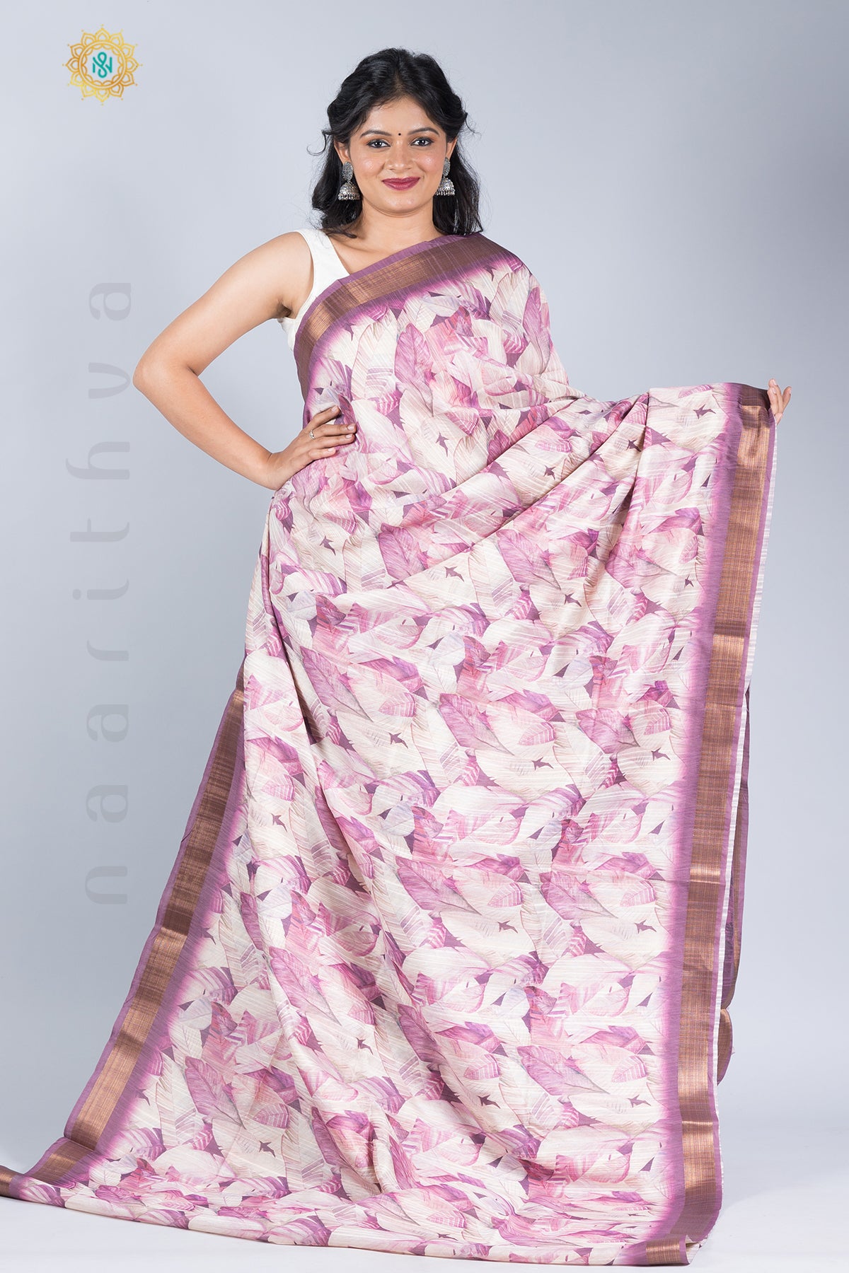 OFF WHITE WITH LAVENDER - KOTHA LINEN WITH DIGITAL PRINTS ON THE BODY & TISSUE BORDER