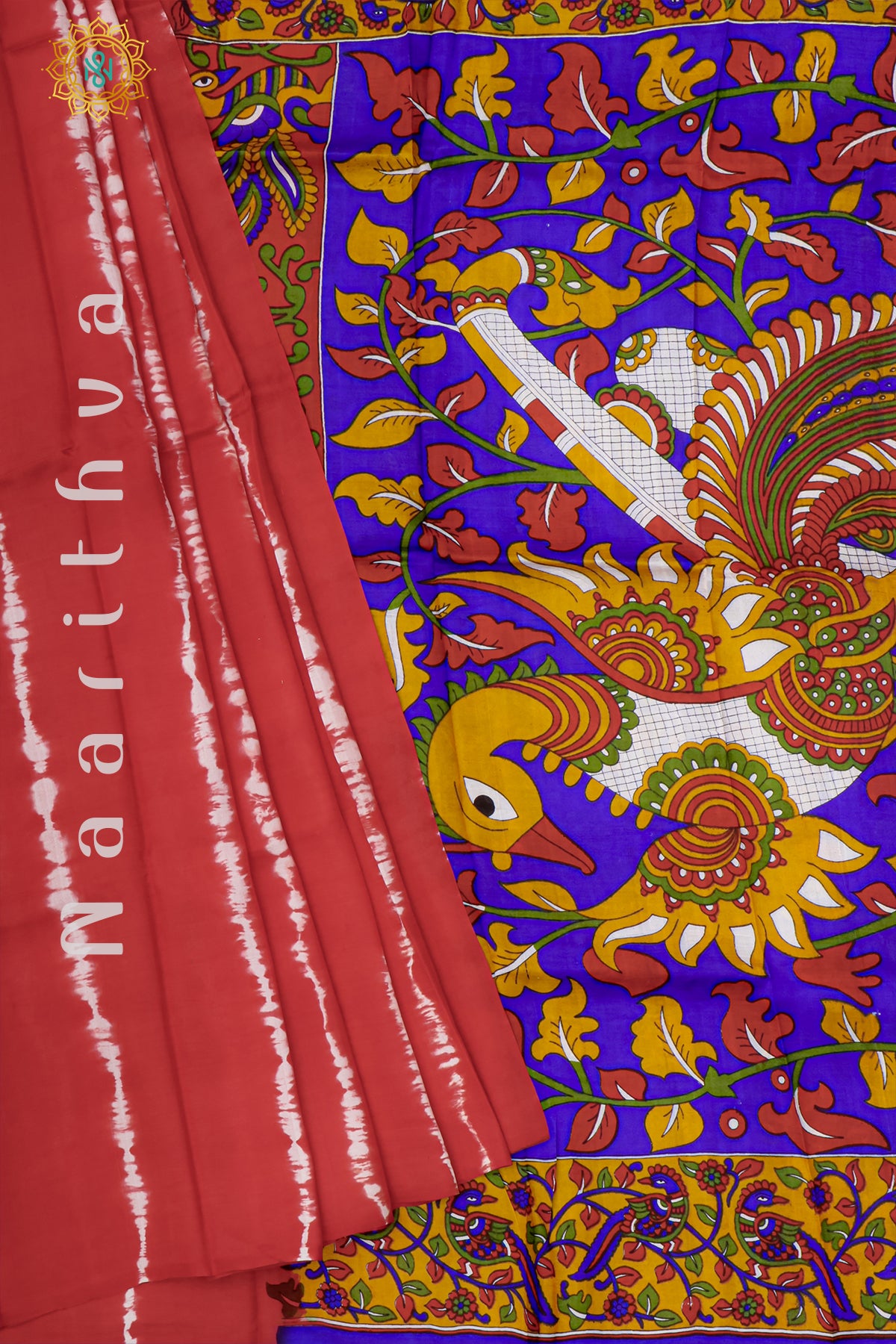 RED WITH ROYAL BLUE - PURE MULBERRY SILK WITH DIGITAL PRINT