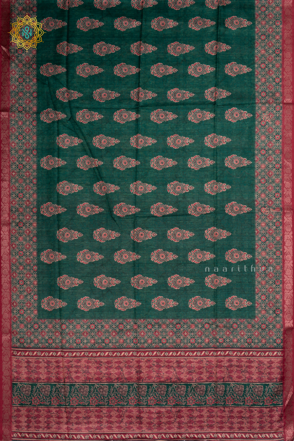GREEN WITH PINK - SEMI TUSSAR SILK SAREE PRINTED BODY WITH CONTRAST BORDER