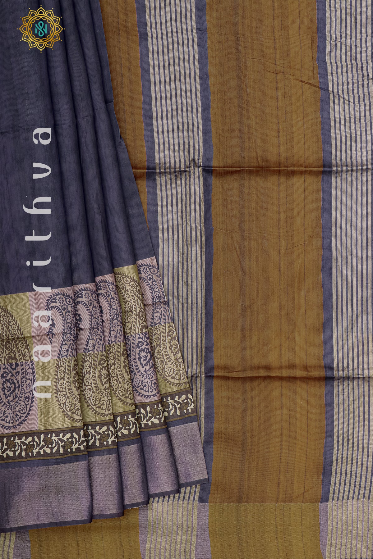 NAVY BLUE WITH RUST ORANGE - SEMI TUSSAR SILK