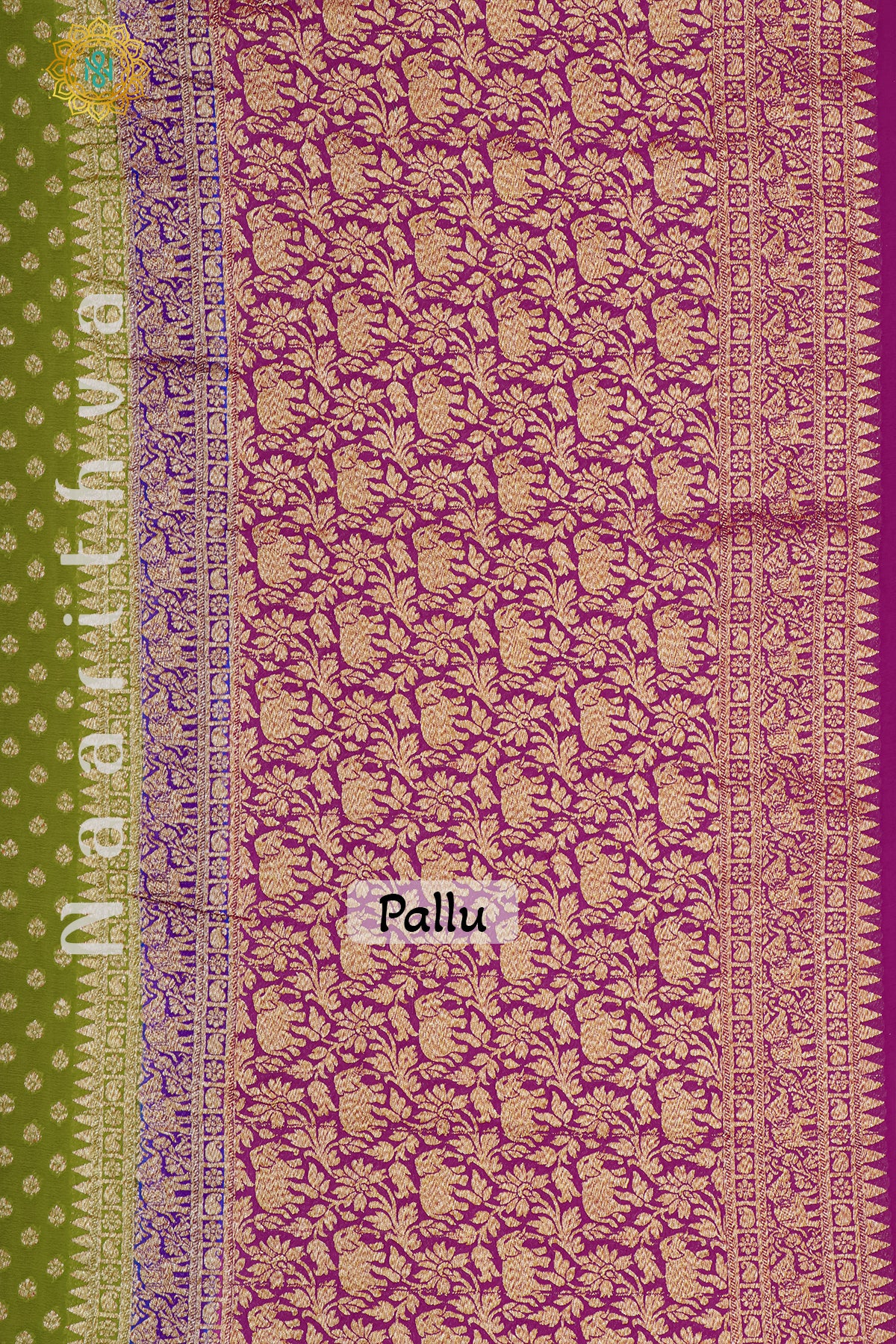 PARROT GREEN WITH PURPLE & PINK - PURE HANDLOOM KHADDI GEORGETTE BANARAS