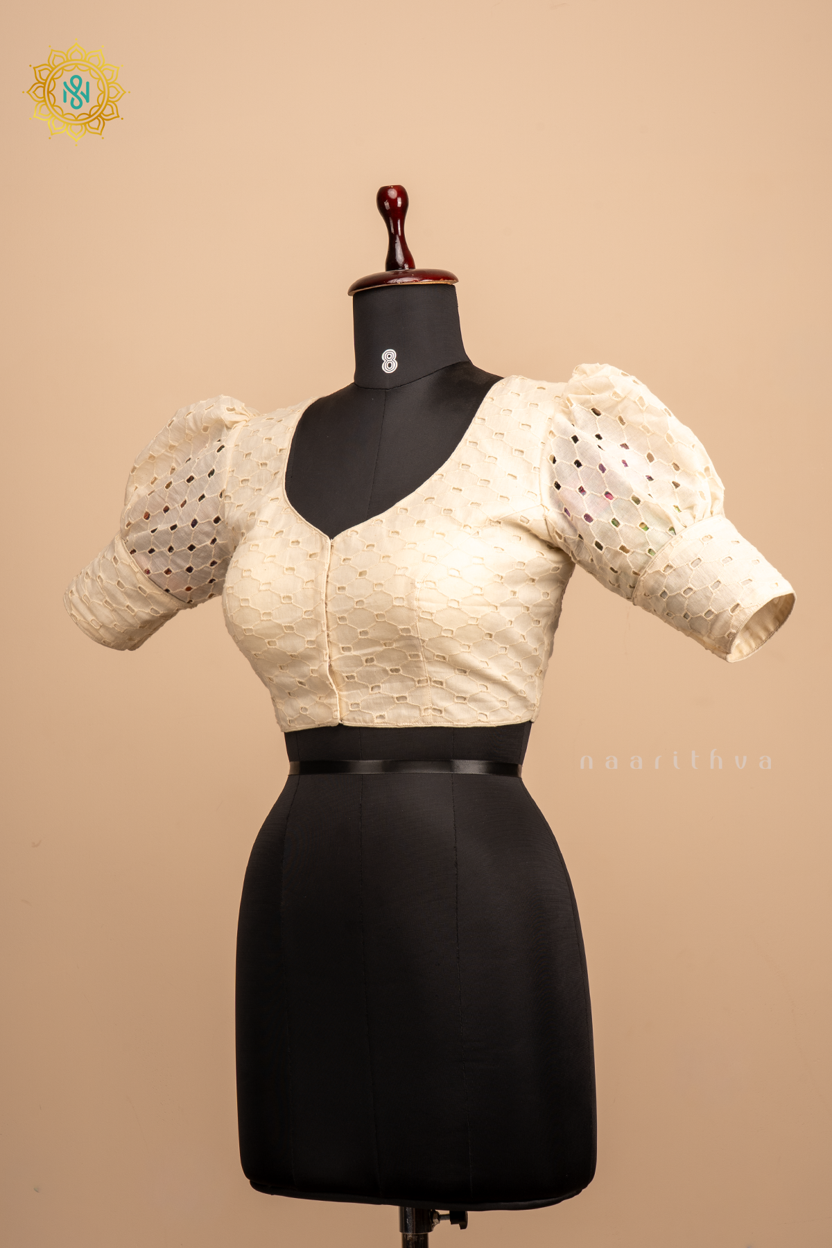 Off white - Cotton readymade blouse with hakoba work and puff sleeves