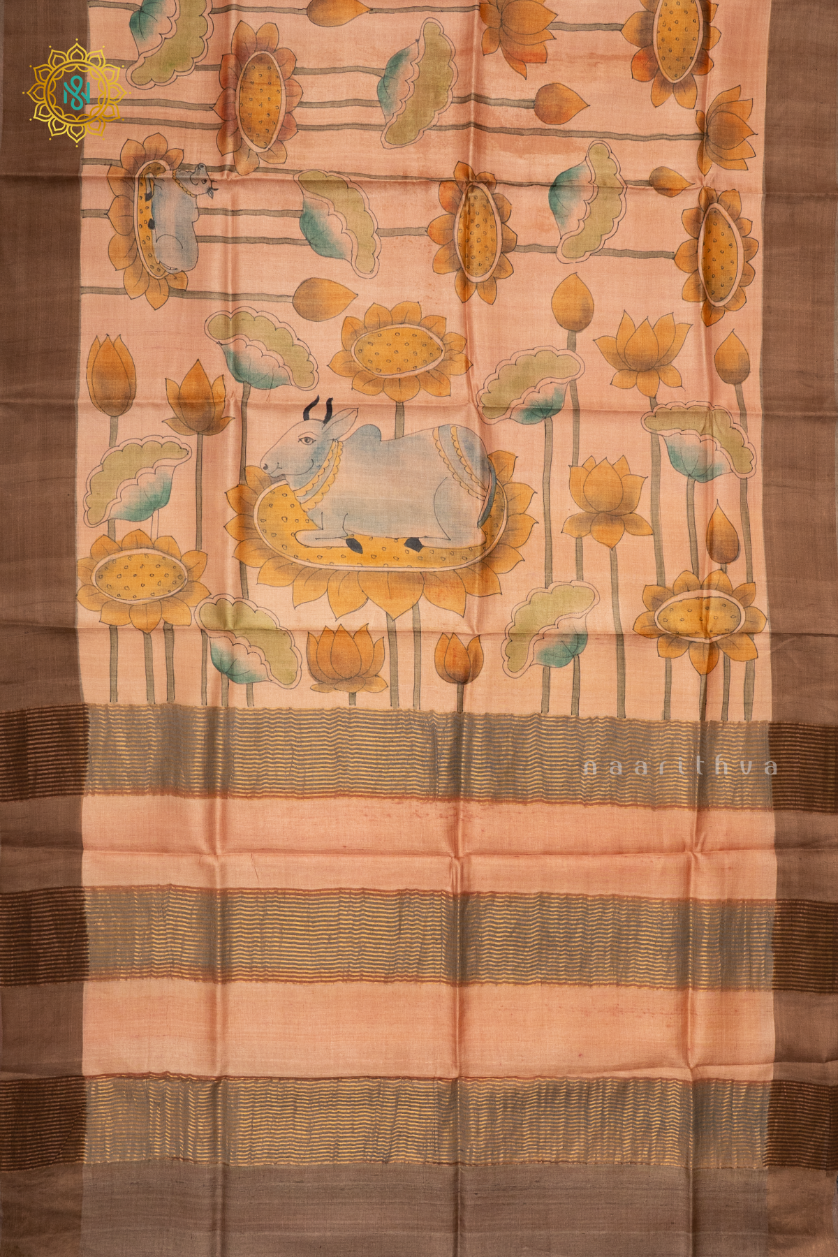 PEACH WITH YELLOW - PURE TUSSAR SILK