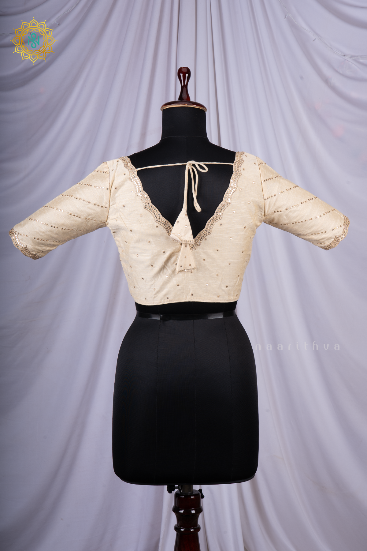 White Cotton Silk Readymade Blouse with a Scalloped Neckline and Sequin Work