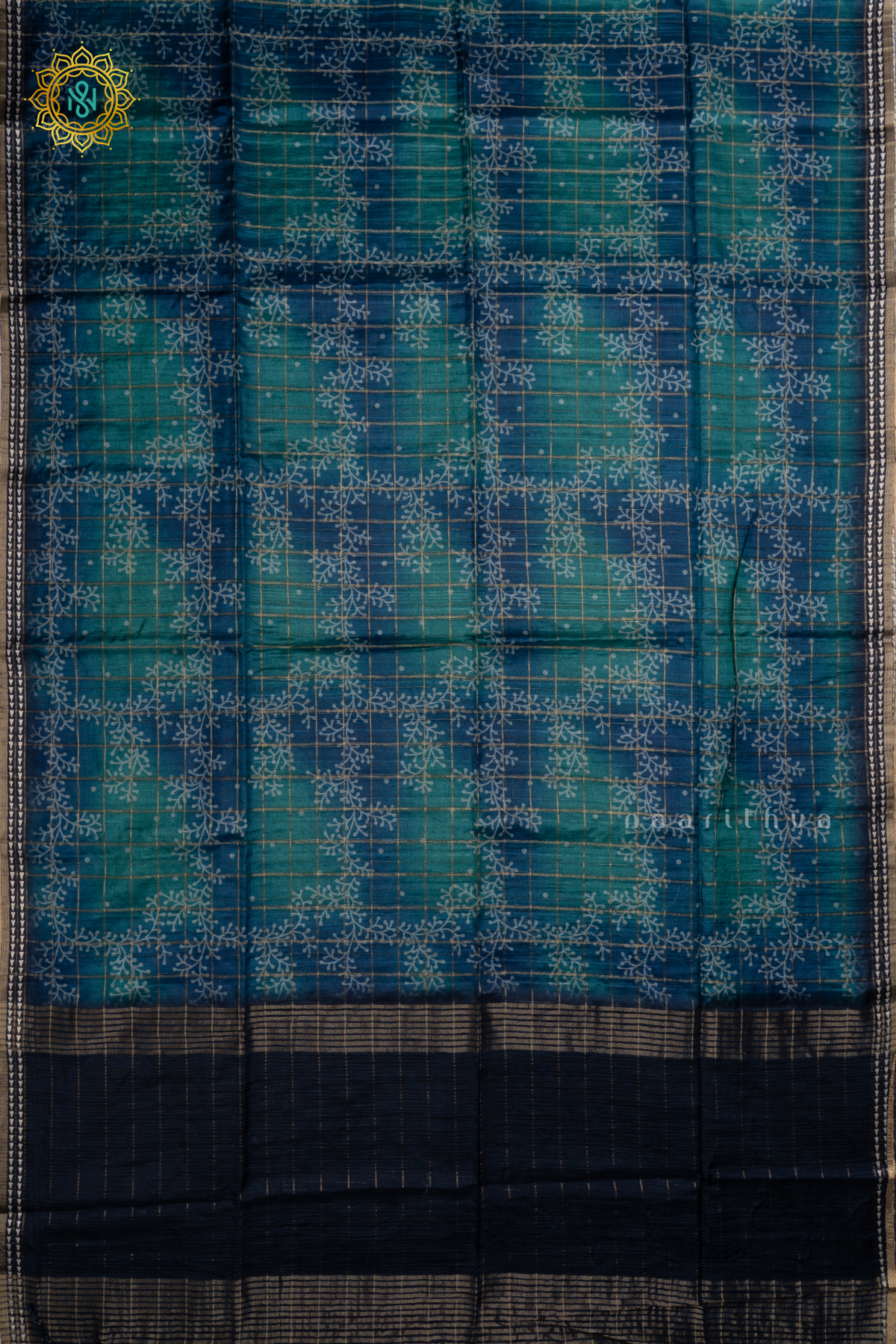 PEACOCK BLUE - KOTHA TUSSAR SAREE WITH PRINTED AND ZARI CHECKS BODY,  THREAD WOVEN BORDER