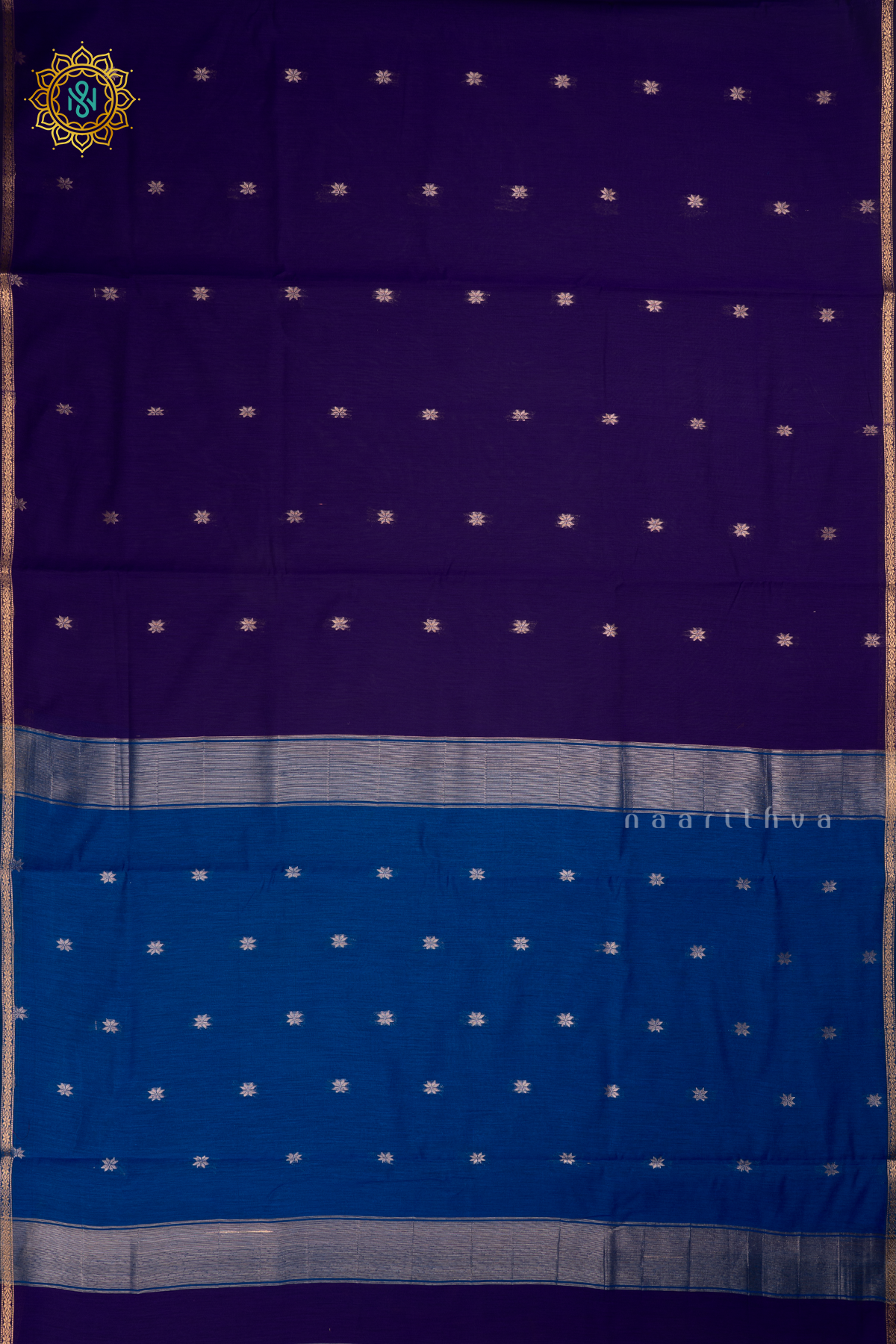 Navy Blue With Royal Blue Silk Cotton Saree With Zari Woven Buttas And Contrast Zari Border