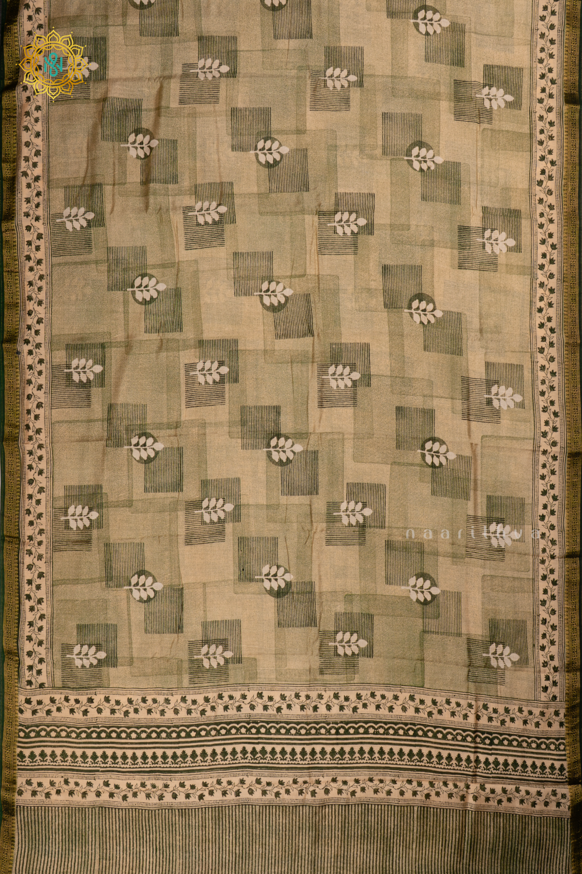 Green Butter Crepe Saree with All-Over Printed Body and Zari Border
