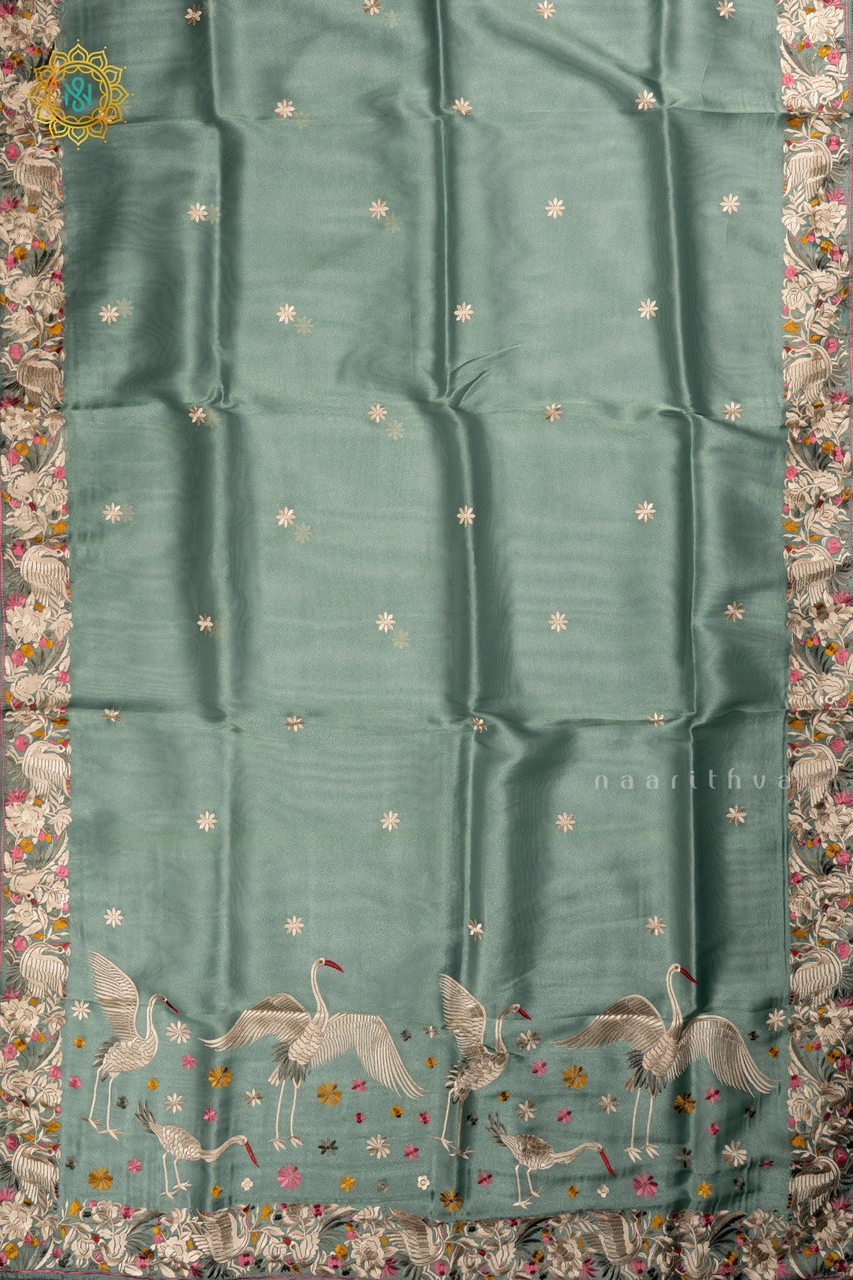 Green Tissue Organza Saree All Over Hand Embroidery Buttas with Hand Embroidery Border