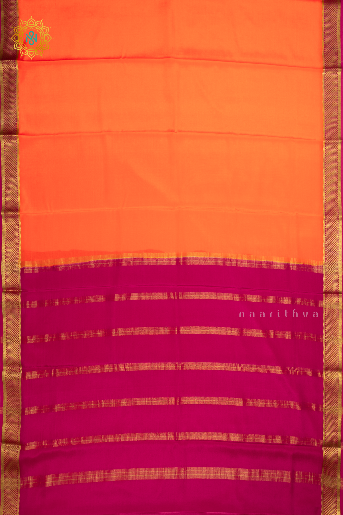 Orange With Magenta Pure Mysore Crepe Silk Saree With Plain Body And Contrast Zari Border