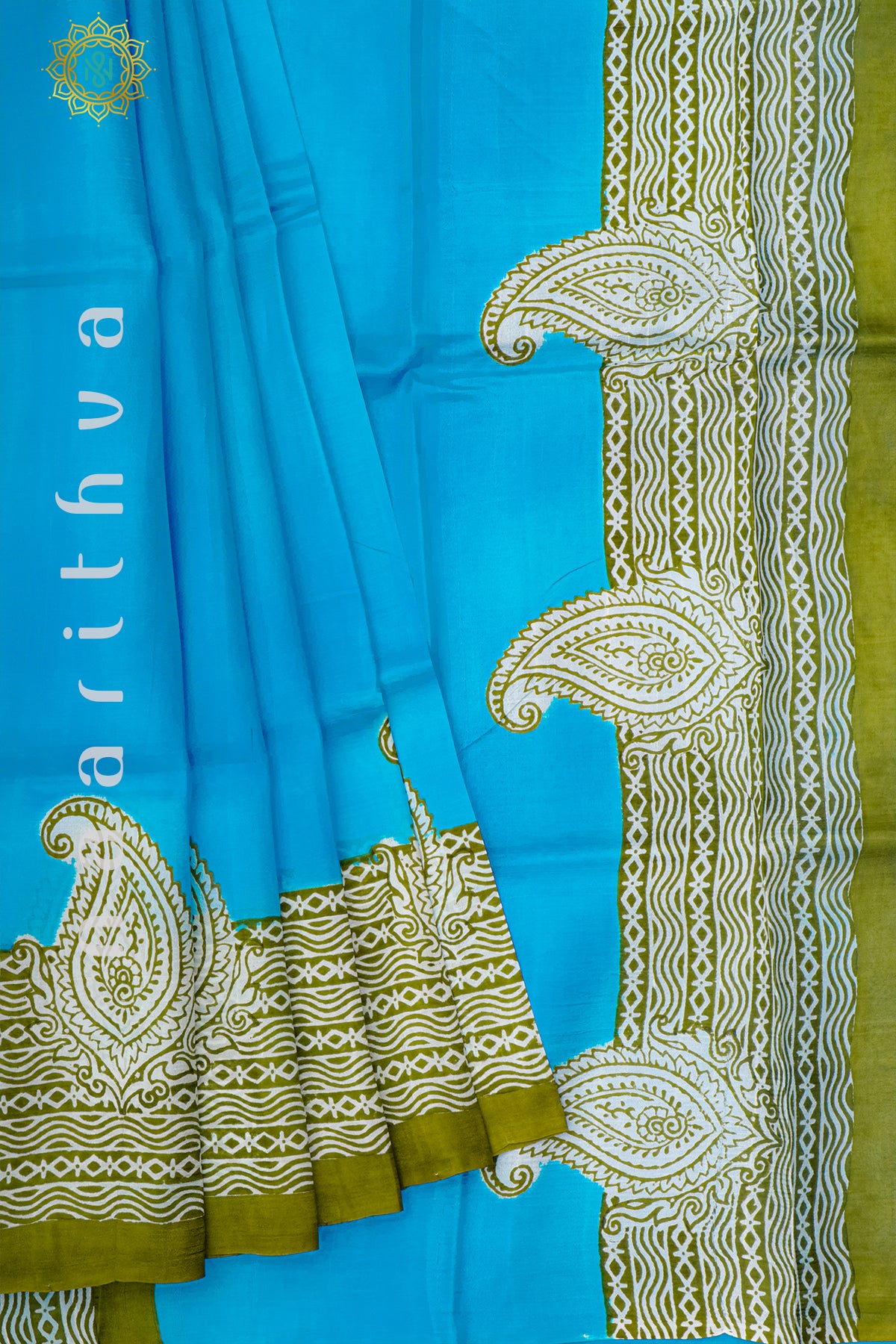 SKY BLUE WITH GREEN - PURE MULBERRY SILK WITH BLOCK PRINT