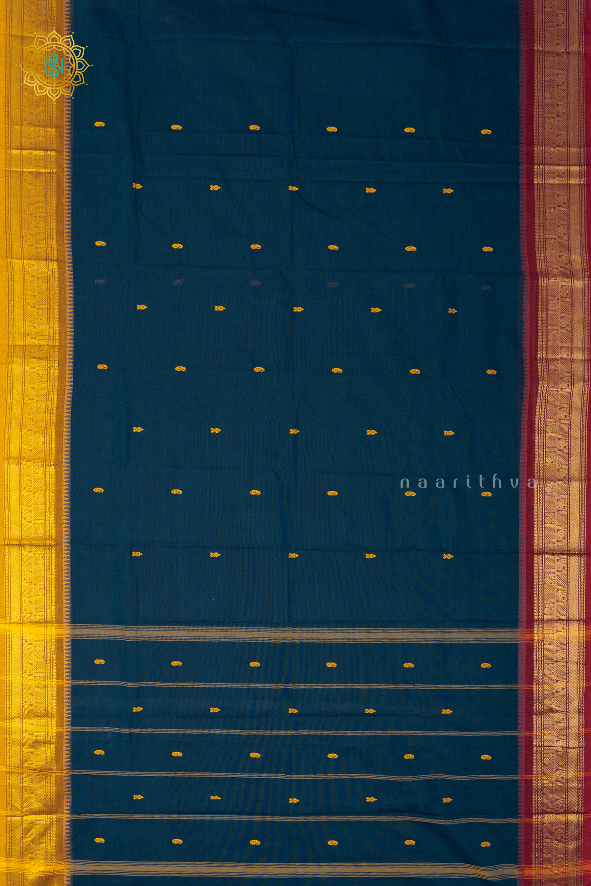 PEACOCK BLUE WITH MAROON & RED - CHETTINAD COTTON