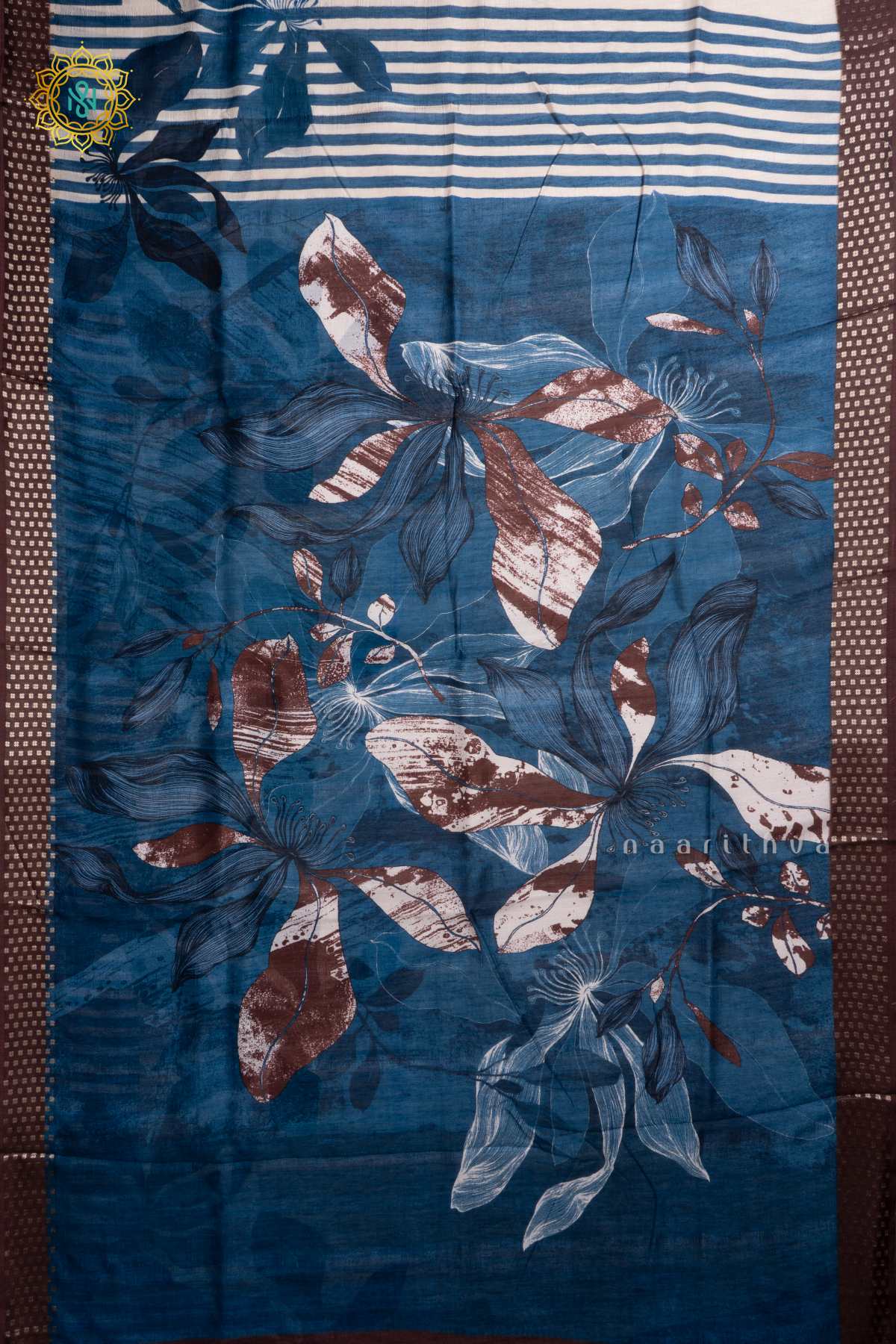 Blue With Brown Semi Cotton Tussar Saree with Printed Body & Contrast Pallu