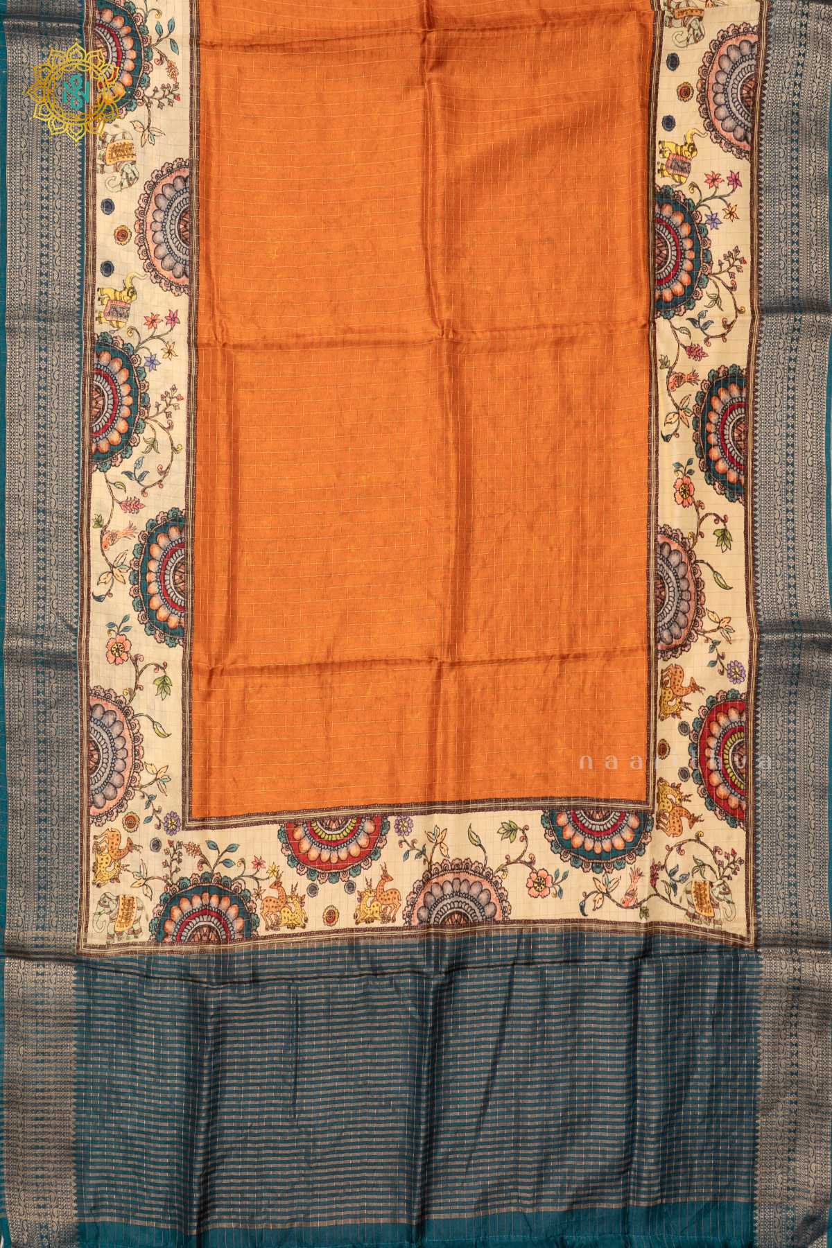 ORANGE WITH TEAL BLUE - SEMI CREPE SILK