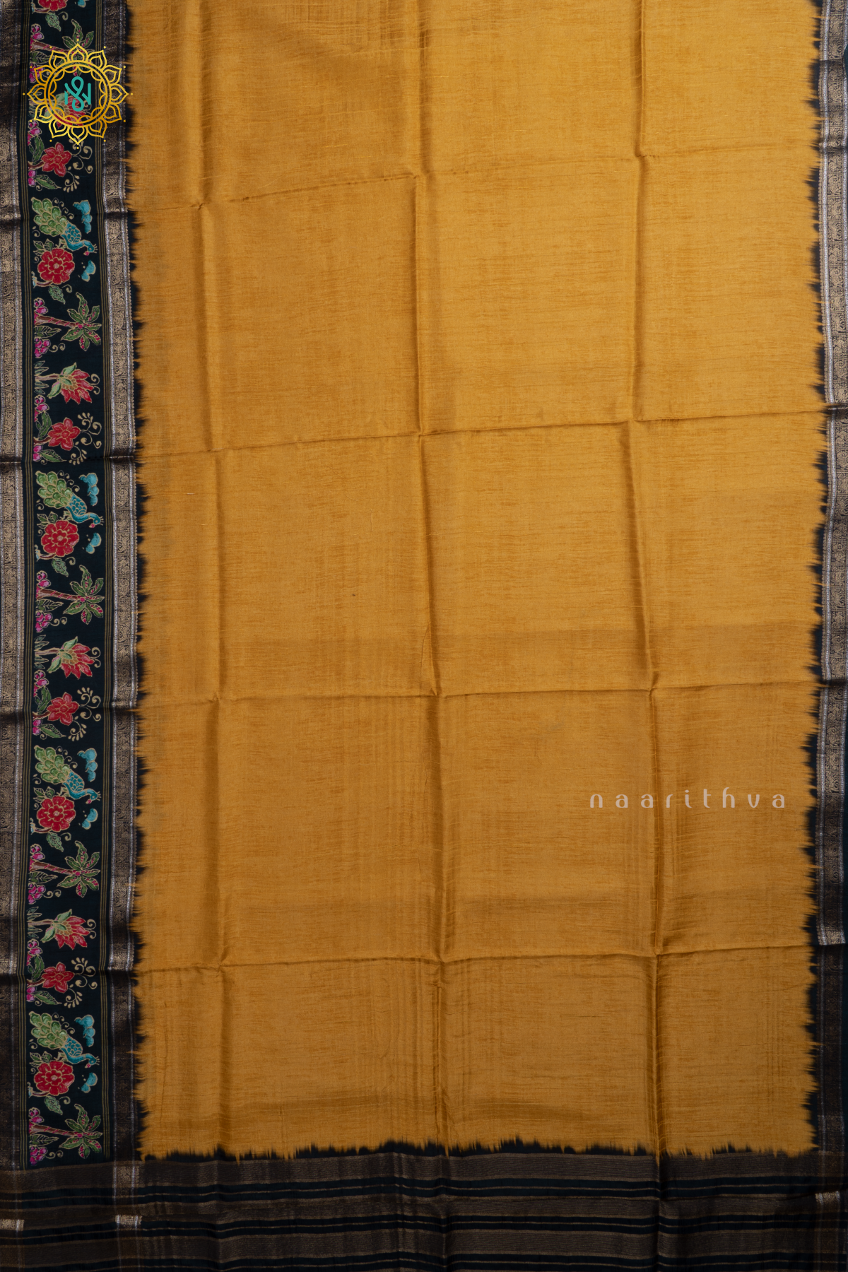 Yellow With Blue Printed Semi Crepe Silk With Contrast Border, Pallu