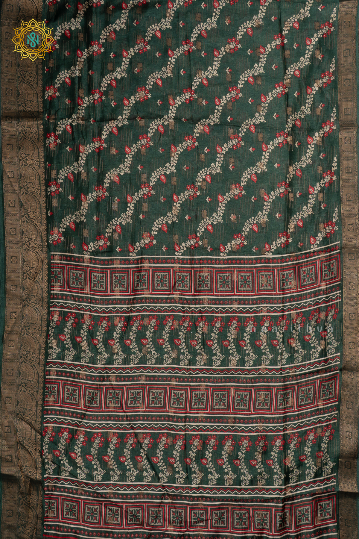 GREEN - DOLA SILK SAREE WITH PRINTED BODY AND ZARI BORDER