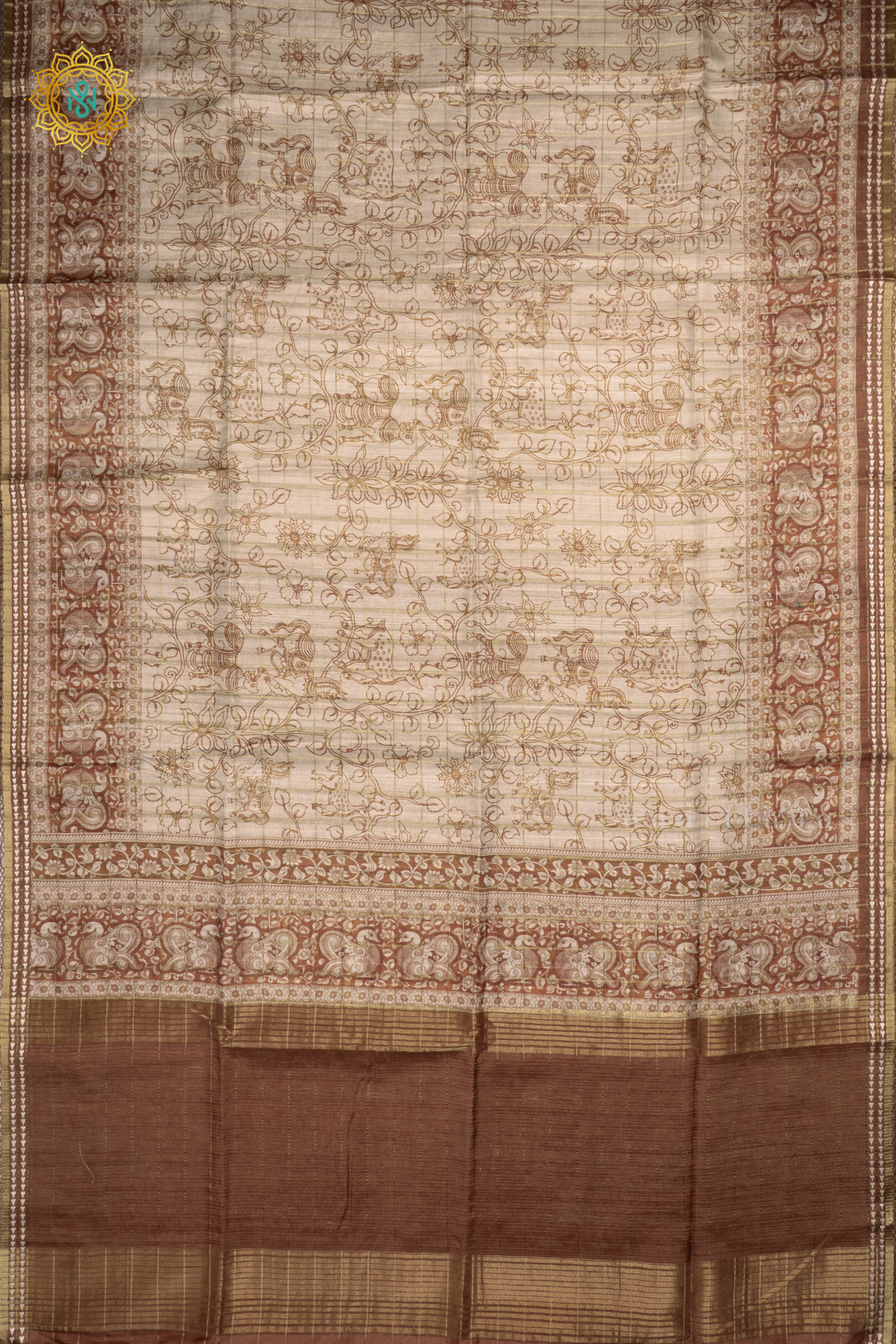 Off White With Light Brown Semi Tussar Silk Saree Allover Printed And Zari Striped Body With Thread Woven Tissue Border
