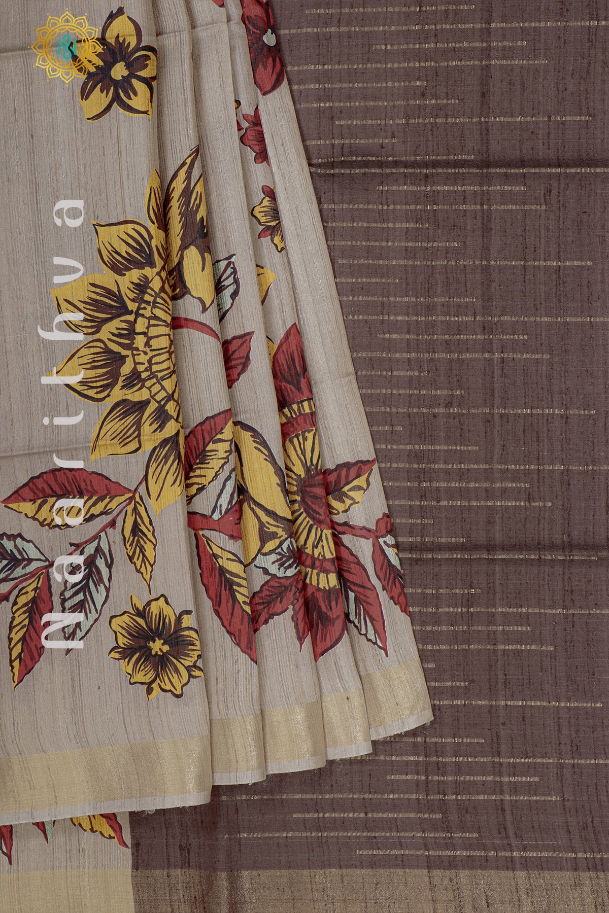 BEIGE WITH BROWN - PURE TUSSAR SILK