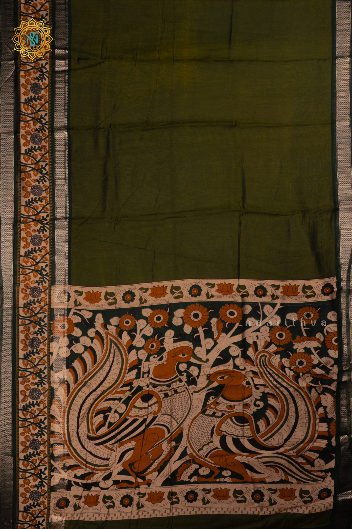GREEN - SOFT COTTON SAREE PLAIN BODY WITH KALAMKARI PRINTED ZARI BORDER