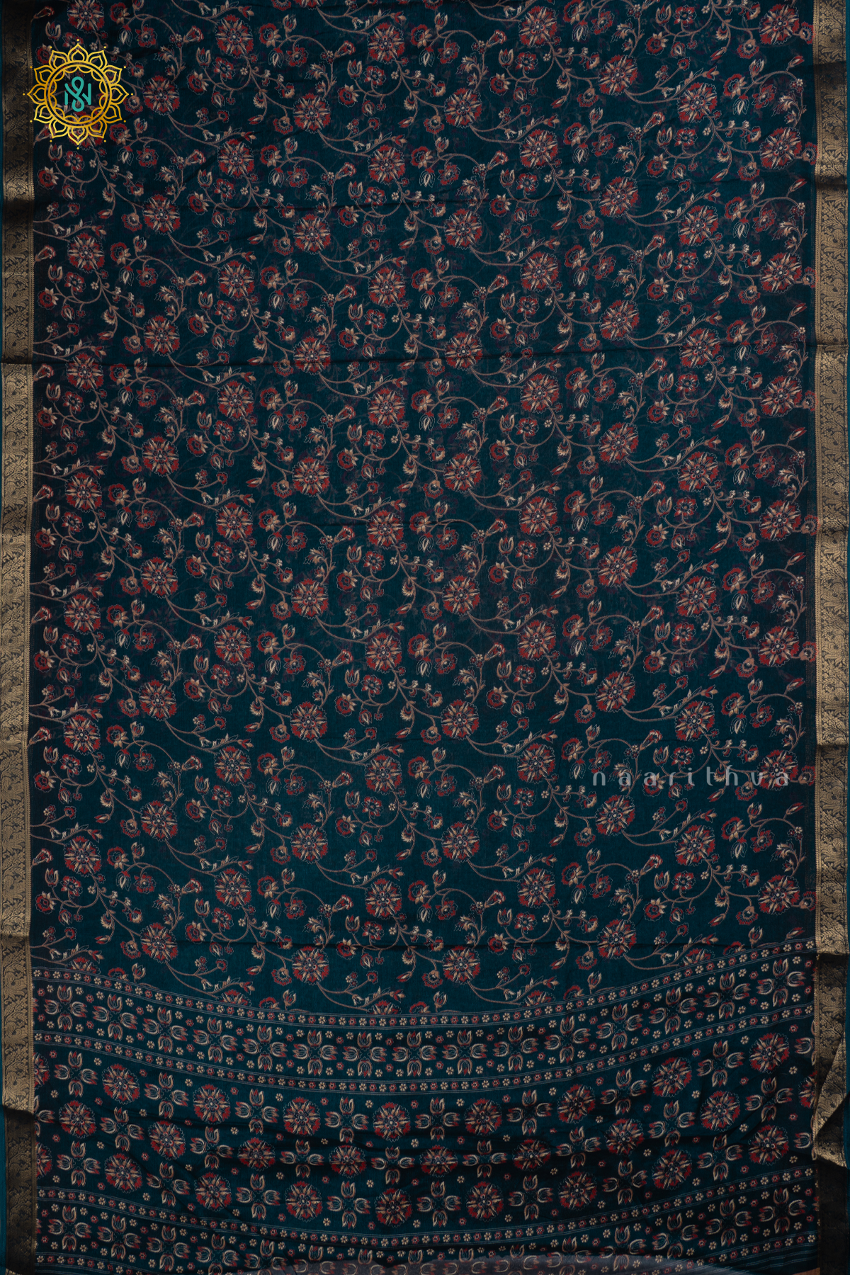 Navy Blue Semi Georgette  Saree With Printed Body And Zari Border