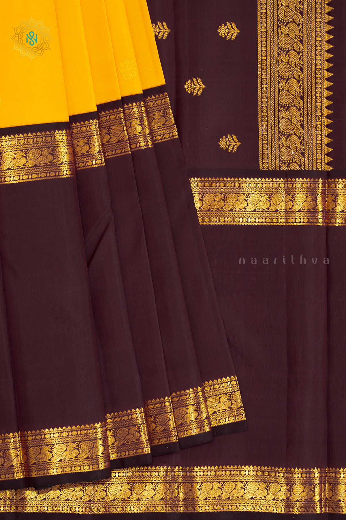 YELLOW WITH GREEN & MAROON - PURE KANJIVARAM SILK