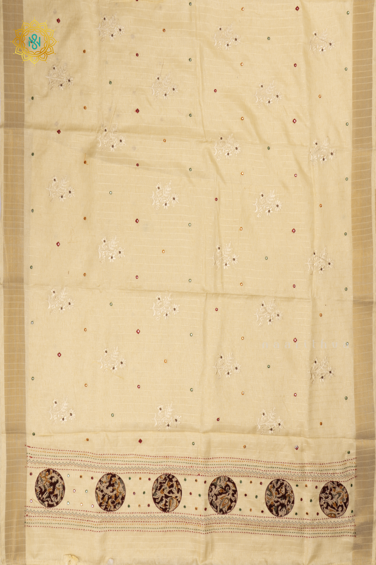 OFF WHITE - SOFT TUSSAR SILK SAREE ALLOVER KATHA WORK BUTTAS WITH KATHA STITCH AND APPLIQUÉ WORK PALLU & TISSUE BORDER