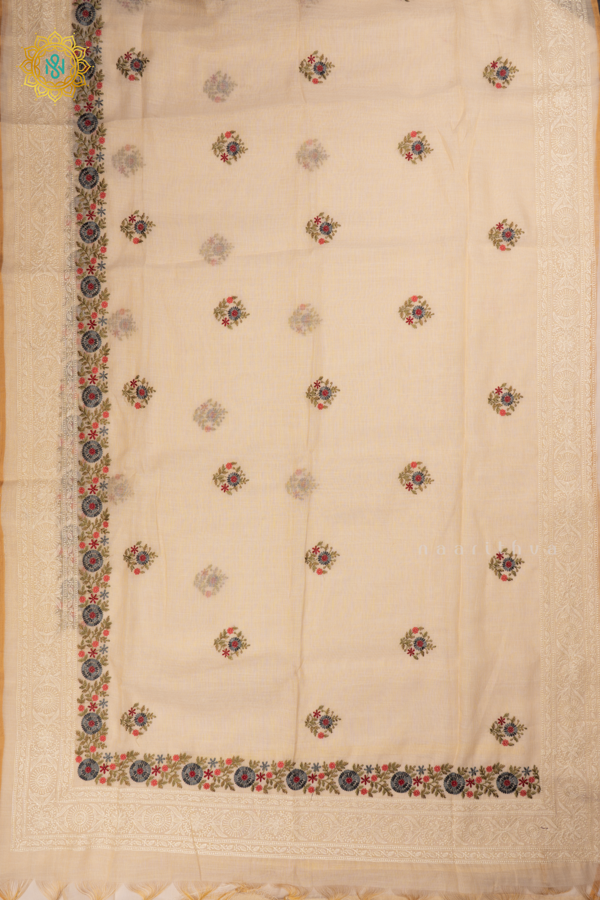 Off white Linen Tissue Saree with All-Over Embroidered Buttas on the Body, Featuring an Embroidery Border and Pallu