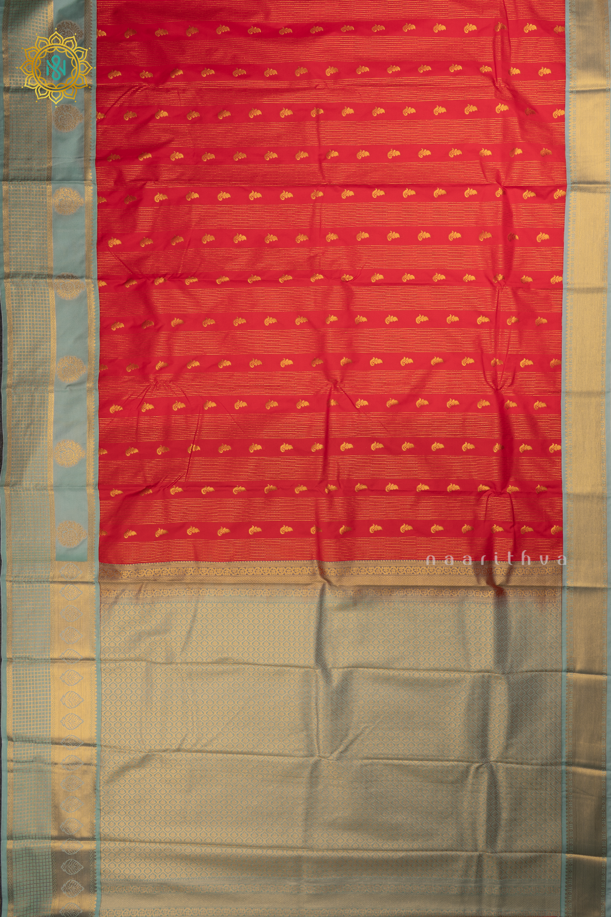 Red With Aqua Green Semi Kanchi Saree With Zari Buttas All Over And Contrast Zari Border