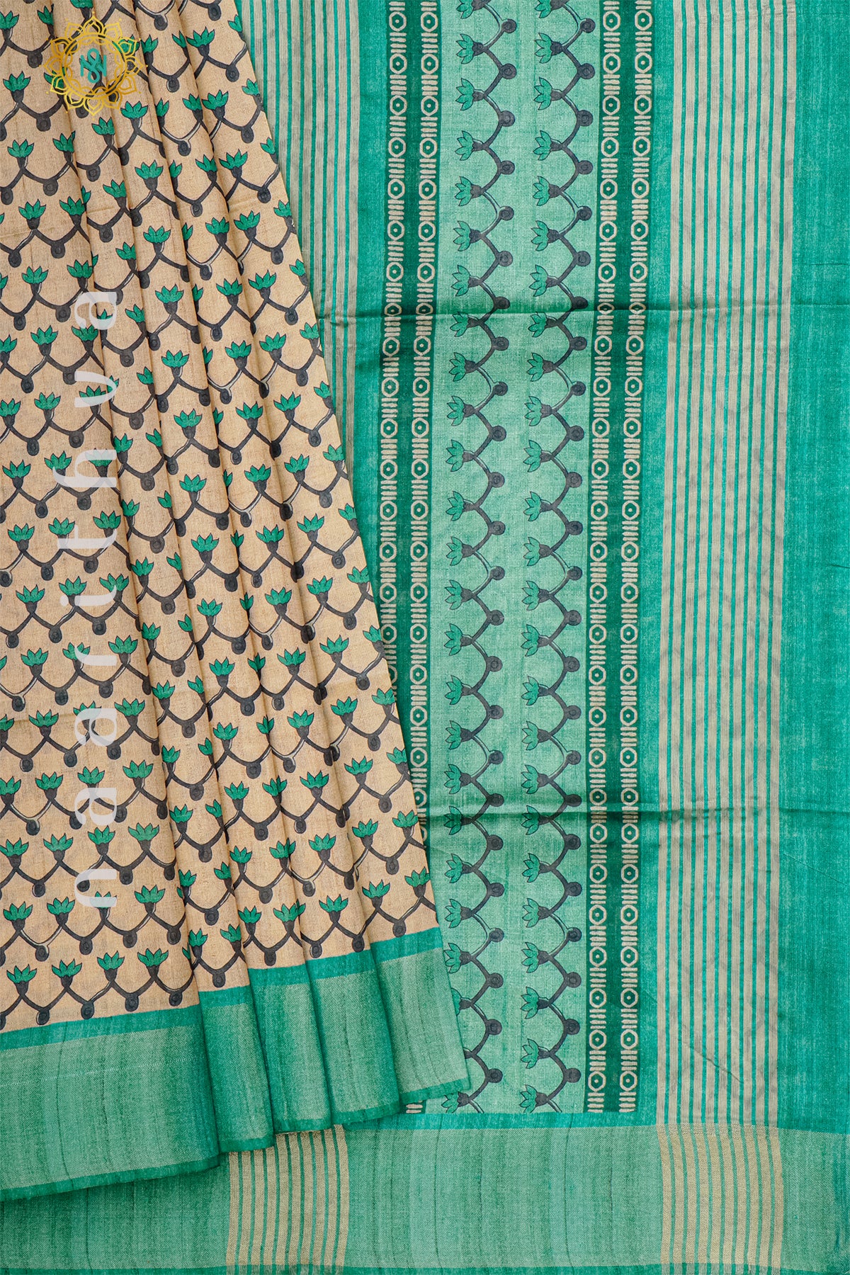 BIEGE WITH AQUA GREEN - SEMI TUSSAR SILK