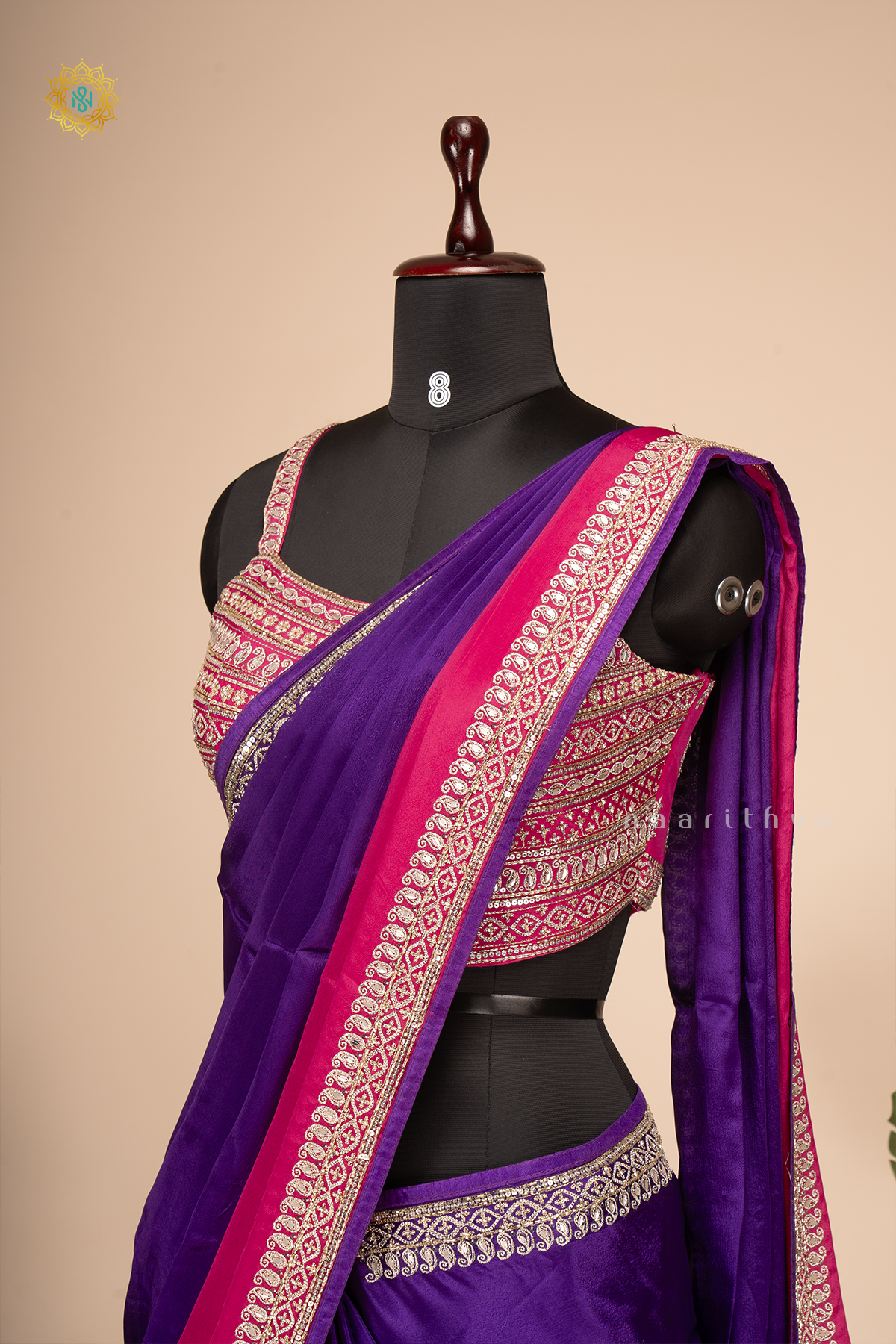 Purple With Pink Chinnon Designer Wear Saree with Readymade Blouse