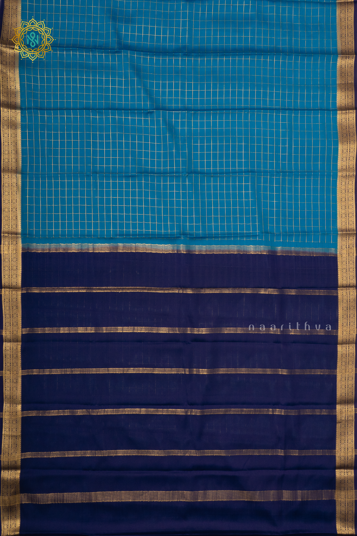 SKY BLUE WITH NAVY BLUE - PURE MYSORE CREPE SILK