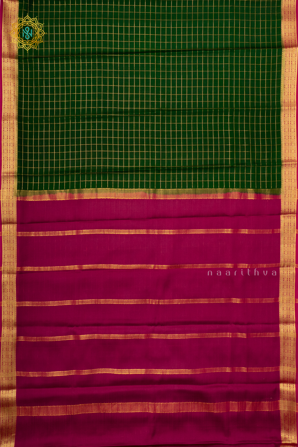 BOTTLE GREEN WITH PINK - PURE MYSORE CREPE SILK