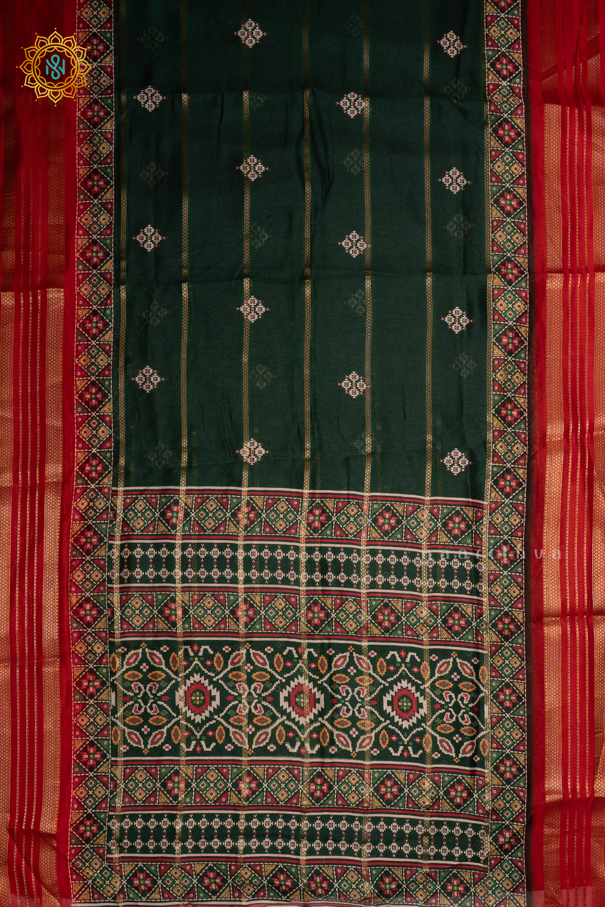 BOTTLE GREEN WITH RED - SEMI GEORGETTE