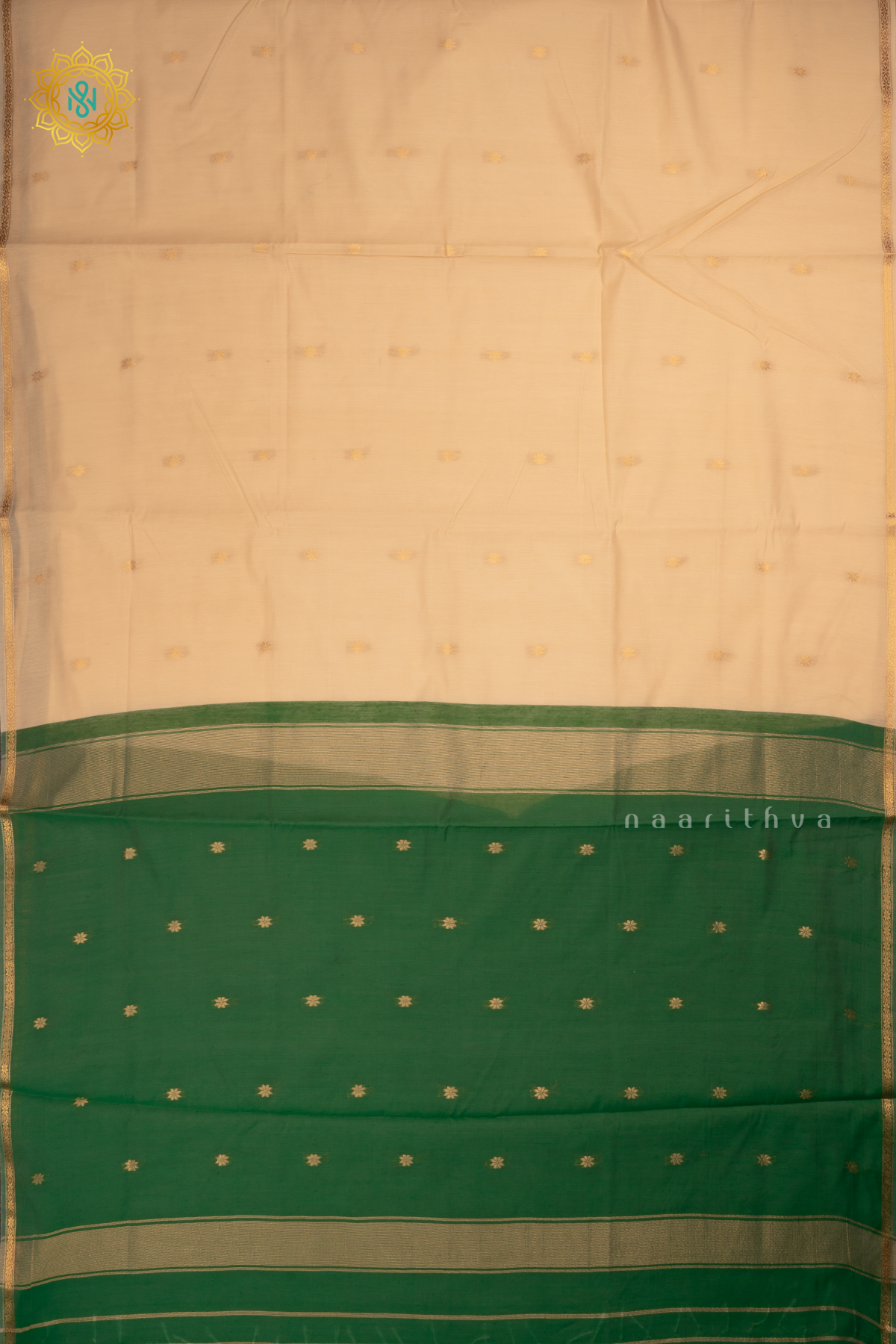 Beige With Green Silk Cotton Saree With Zari Woven Buttas And Contrast Zari Border