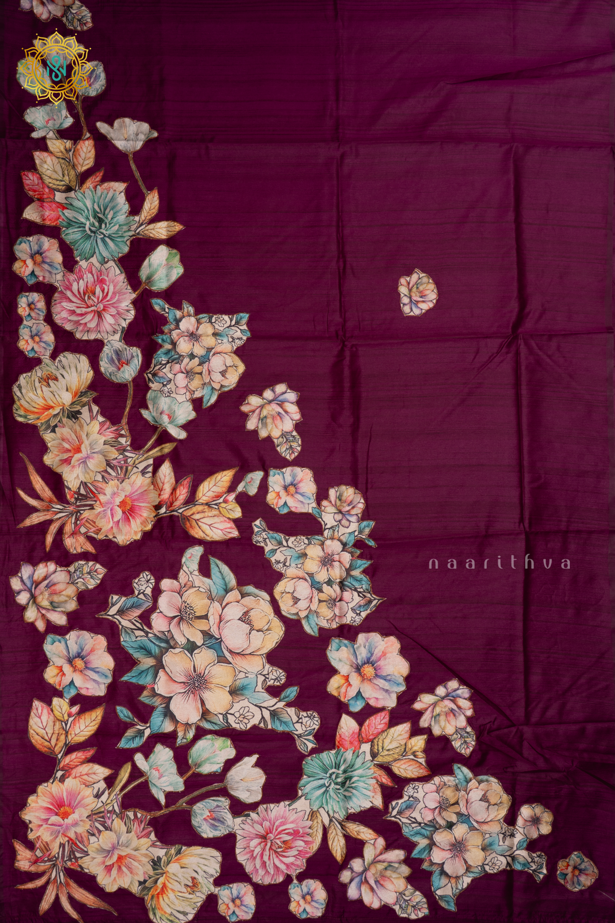 WINE - SEMI TUSSAR SILK WITH APPLIQUE WORK