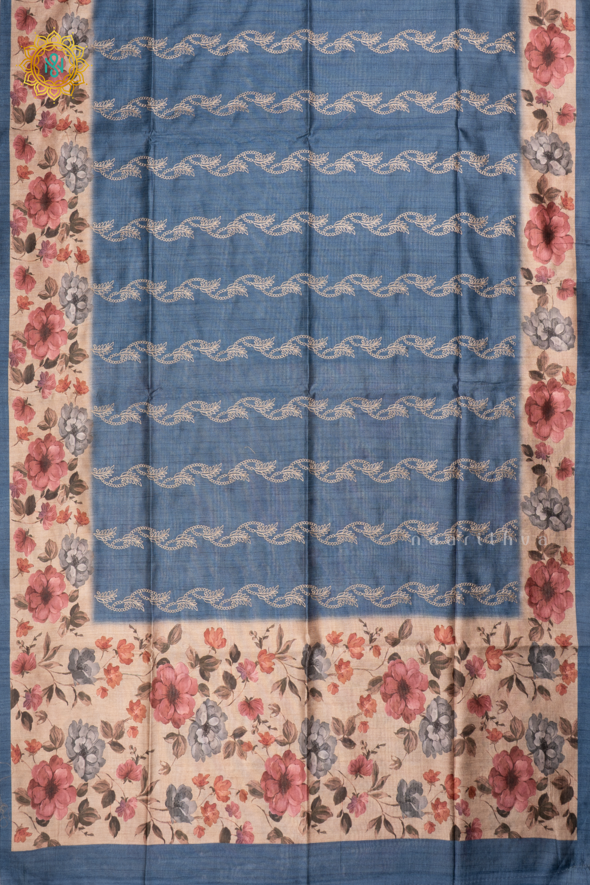 BLUE WITH BEIGE - SEMI TUSSAR SILK