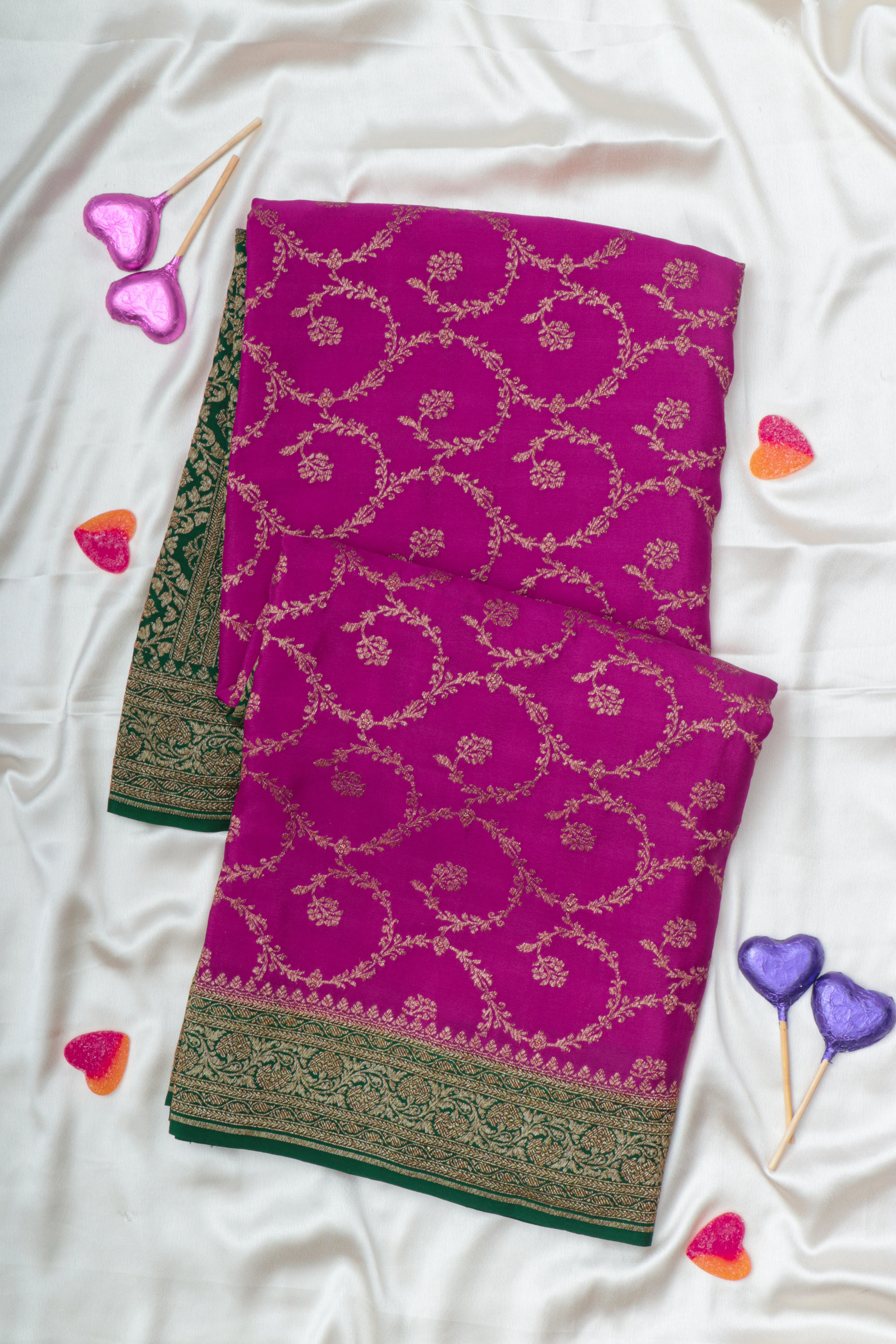 PINK WITH GREEN - PURE BANARASI CREPE SILK