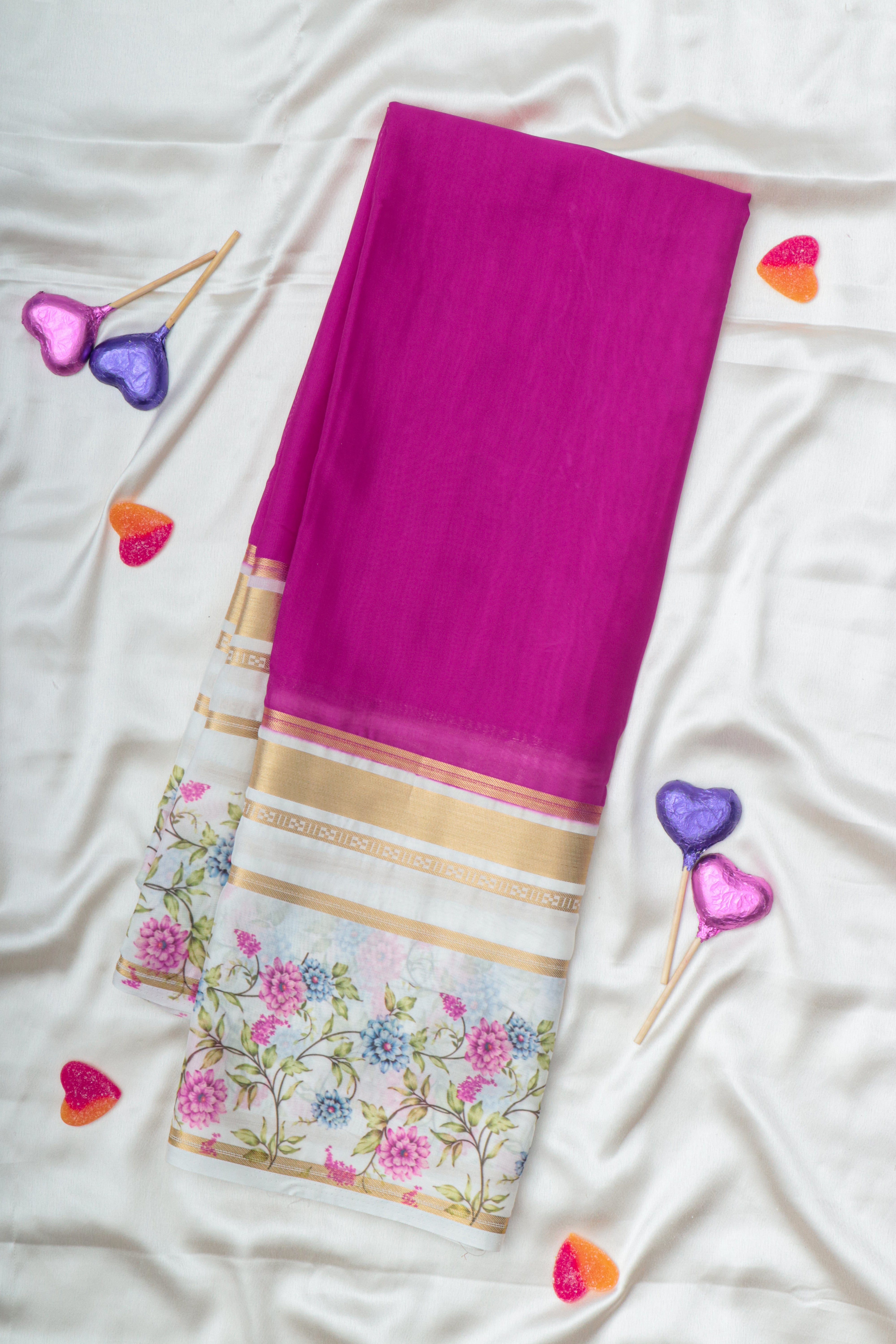 PINK WITH WHITE - SEMI MYSORE SILK