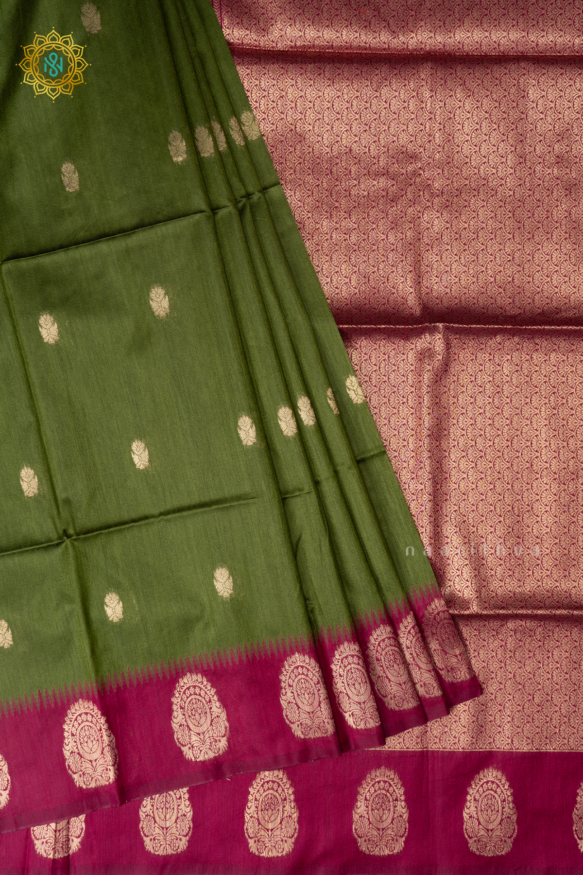 Parrot Green With Pink Semi Raw Silk Saree Zari Buttas On The Body With Contrast Zari Border & Pallu