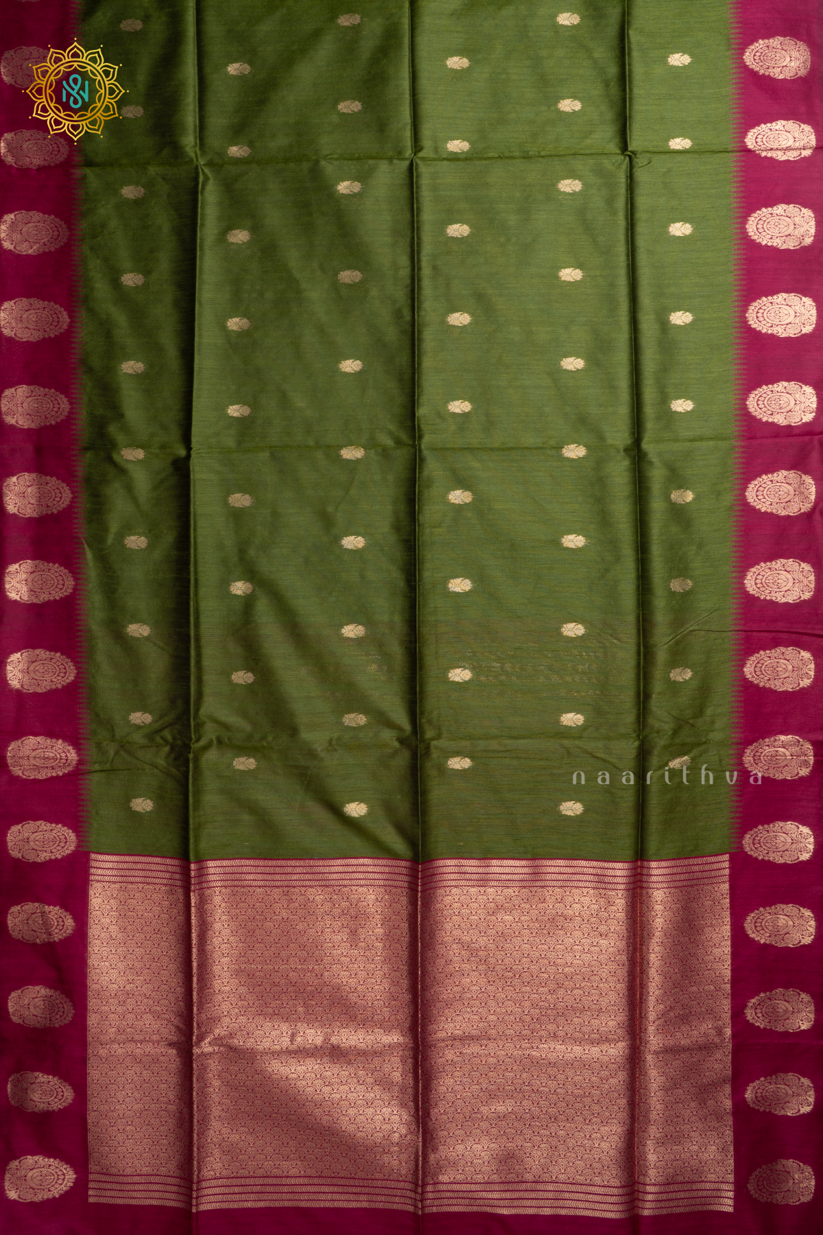 Parrot Green With Pink Semi Raw Silk Saree Zari Buttas On The Body With Contrast Zari Border & Pallu