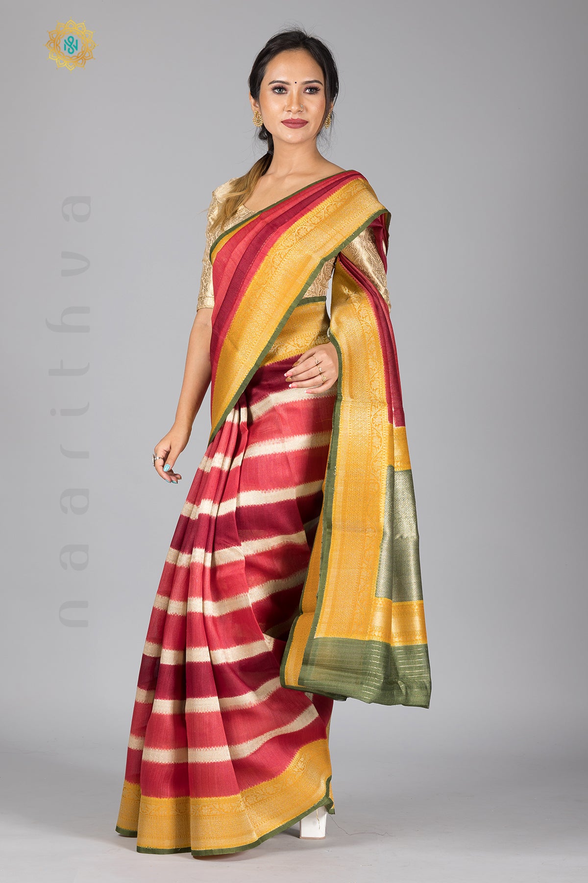 RANGKAAT - PURE TUSSAR SILK IN STRIPES PATTERN WITH ZARI WOVEN CONTRAST BORDER & WOVEN CONTRAST BLOUSE