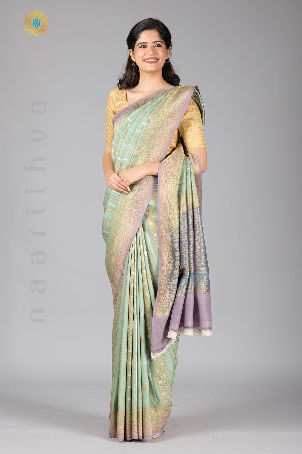 GREEN WITH LAVENDER - PURE HANDLOOM TUSSAR GEORGETTE WITH WATER ZARI WEAVES