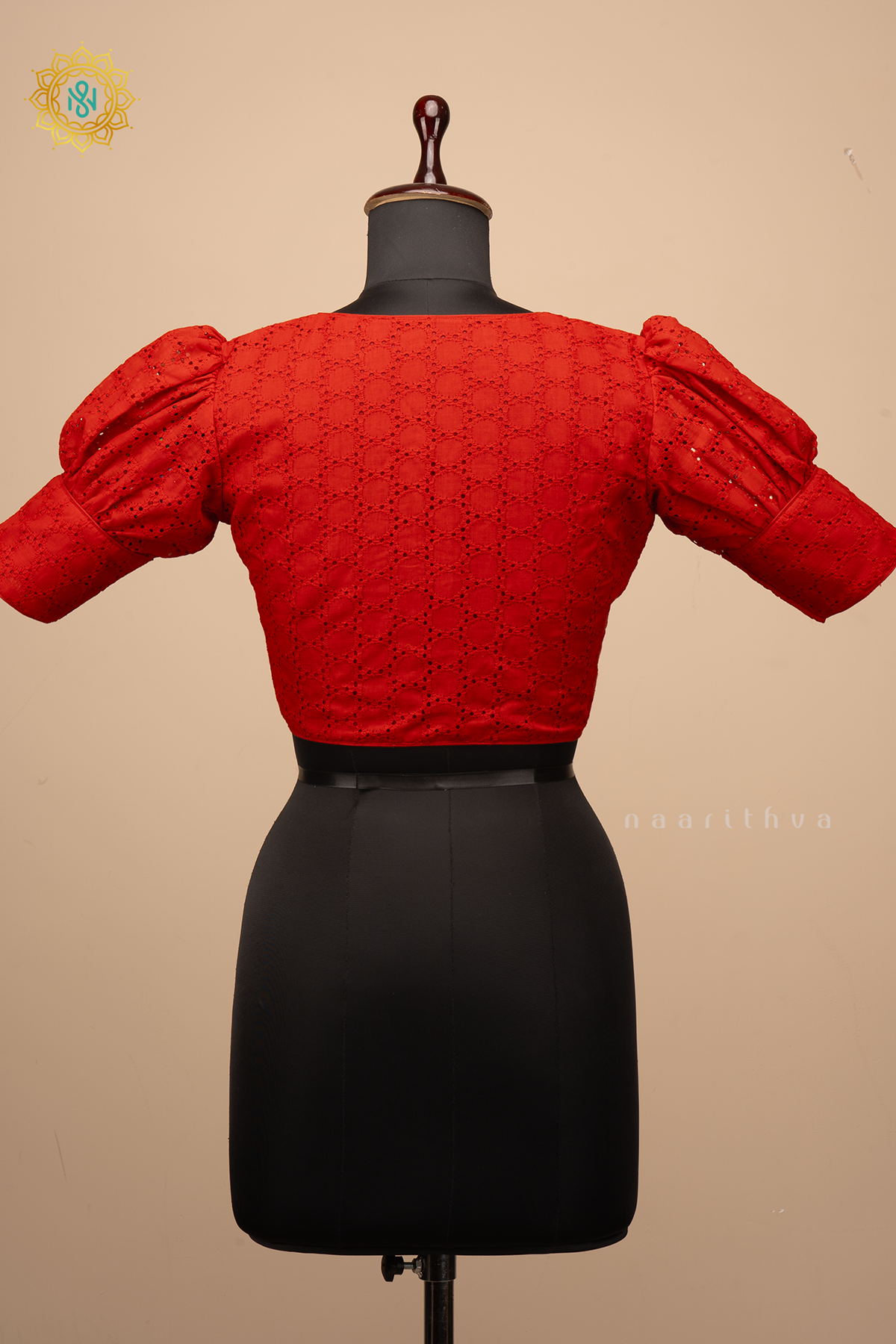 Red - Cotton readymade blouse with hakoba work and puff sleeves
