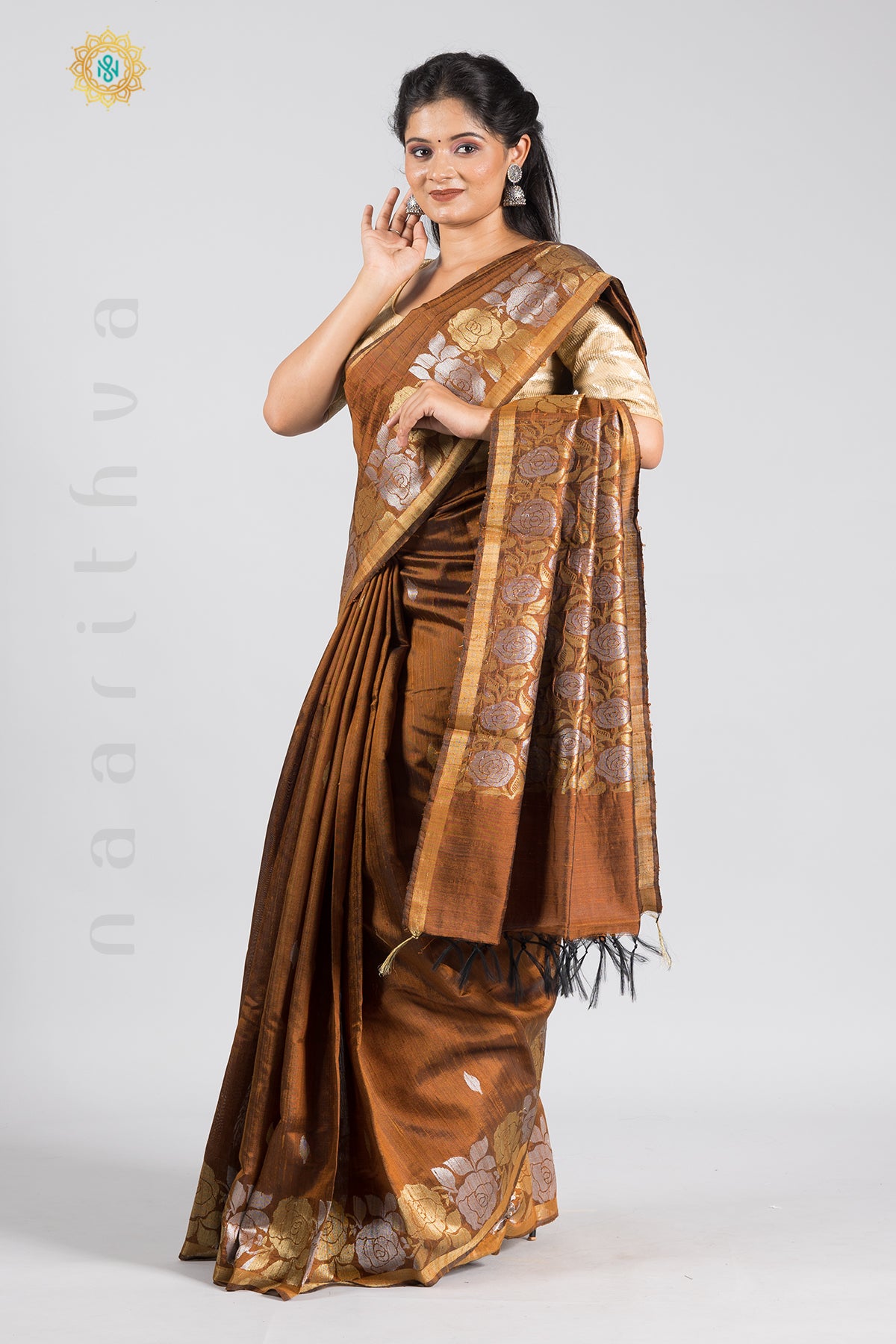 BRONZE - PURE TUSSAR SILK WITH SILVER & GOLD ZARI WOVEN BORDER & PALLU